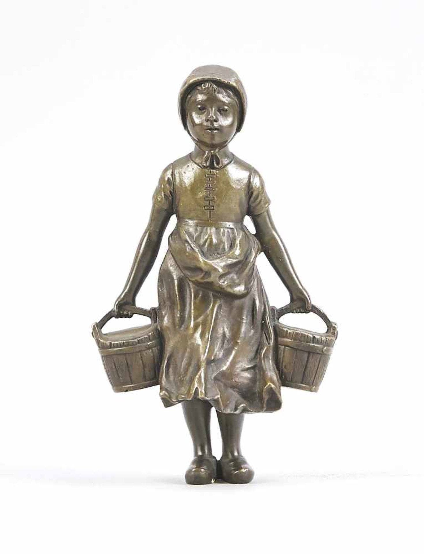 Dutch sculptor around 1900, ''Wasserträgerin'', young girl with two water buckets, brown<
