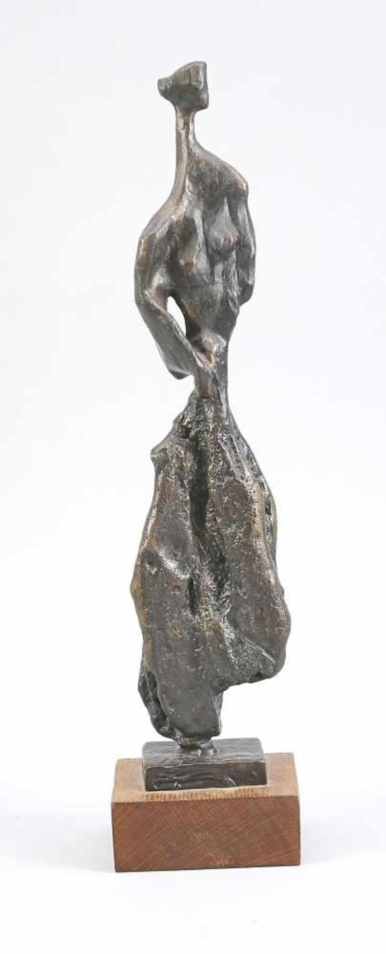 Anonymous sculptor mid-20th century, abstracted, female figure, patinated bronze on wooden