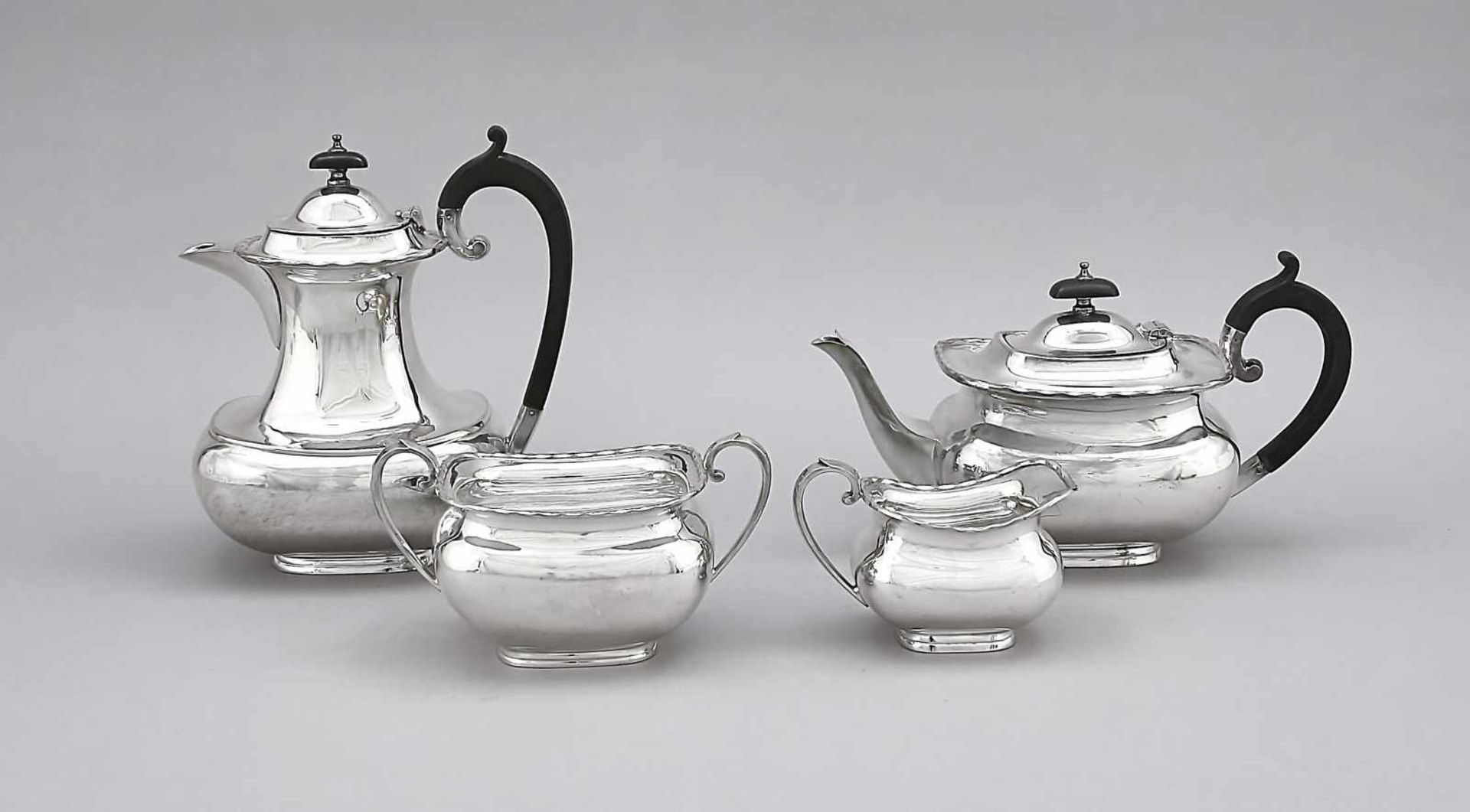 Four-piece coffee and tea kernel set, England, 20th century, plated, rectangular stand