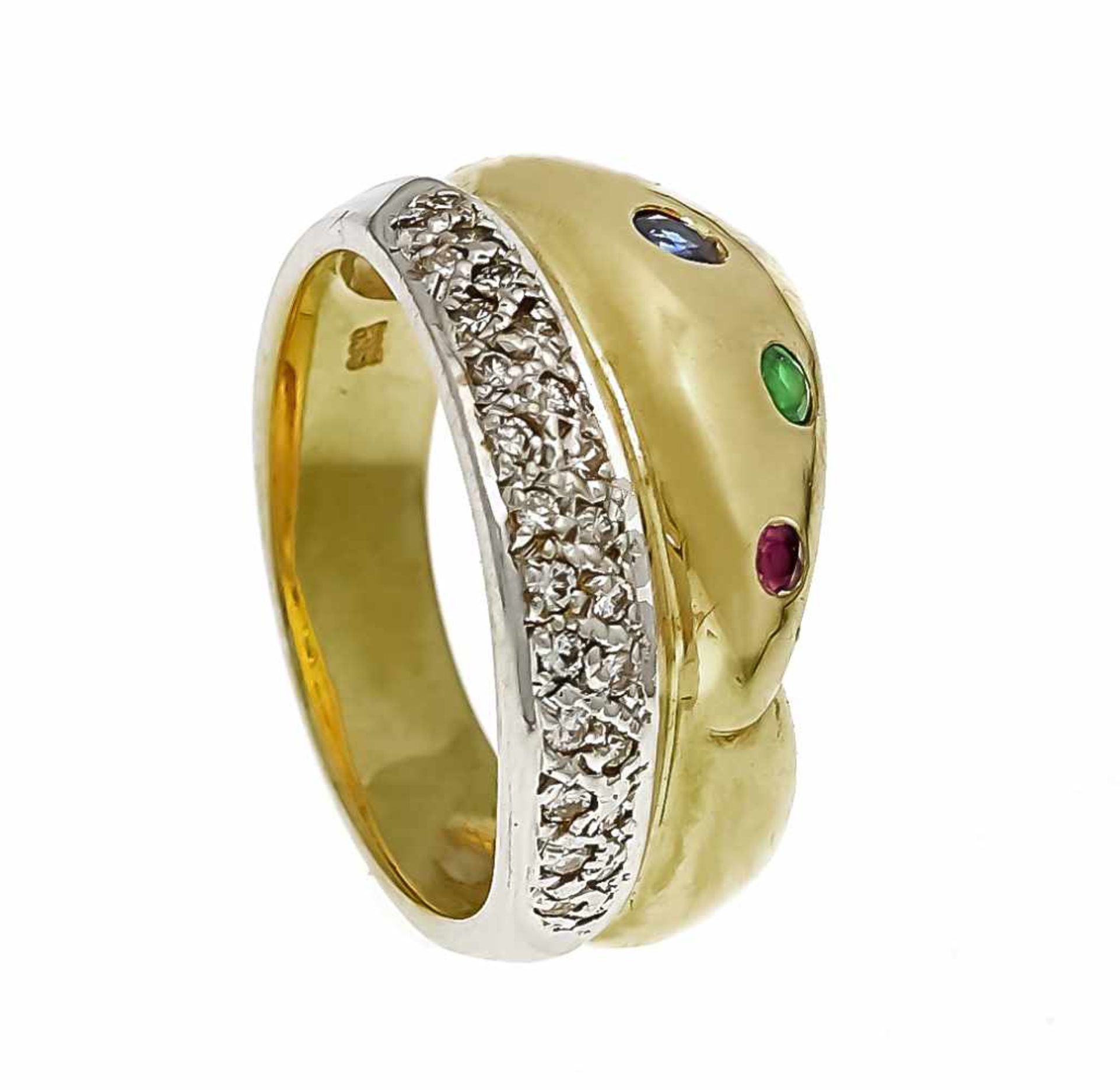 Multicolor brilliant ring GG / WG 585/000, each with a round faceted ruby, sapphire and - Bild 2 aus 2