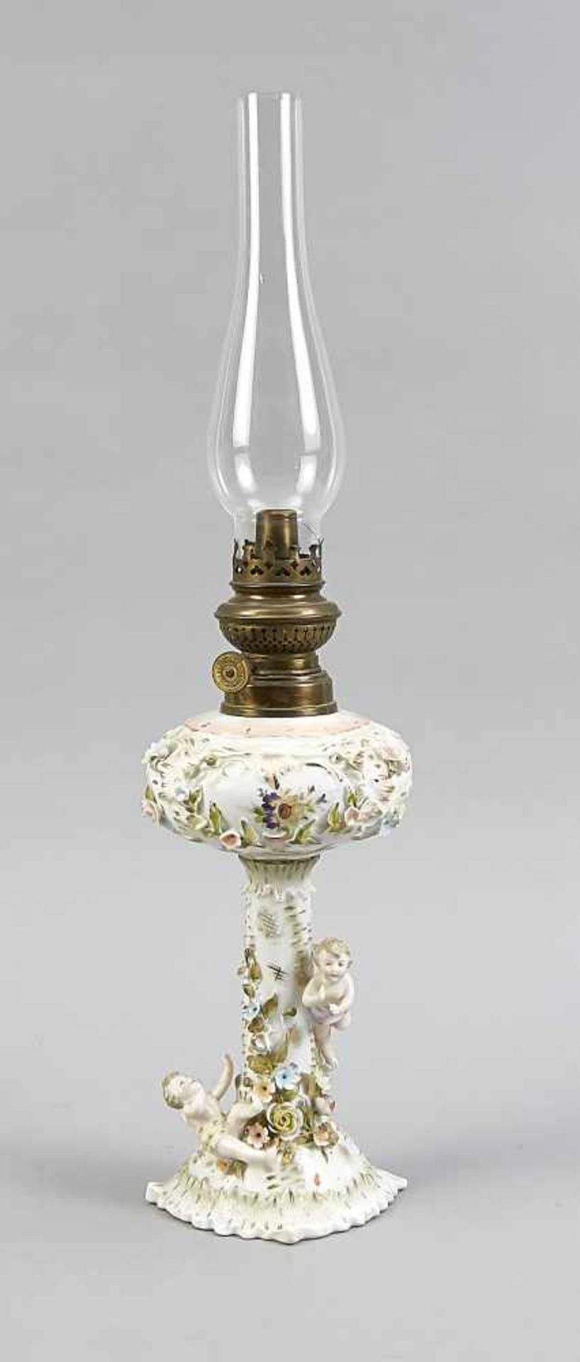 Kerosene lamp, pres. Thuringia, around 1990, round foot in spherical body, decorated with