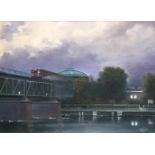 S. Fischer, contemporary painter, view of a train leaving the Lehrter city station in