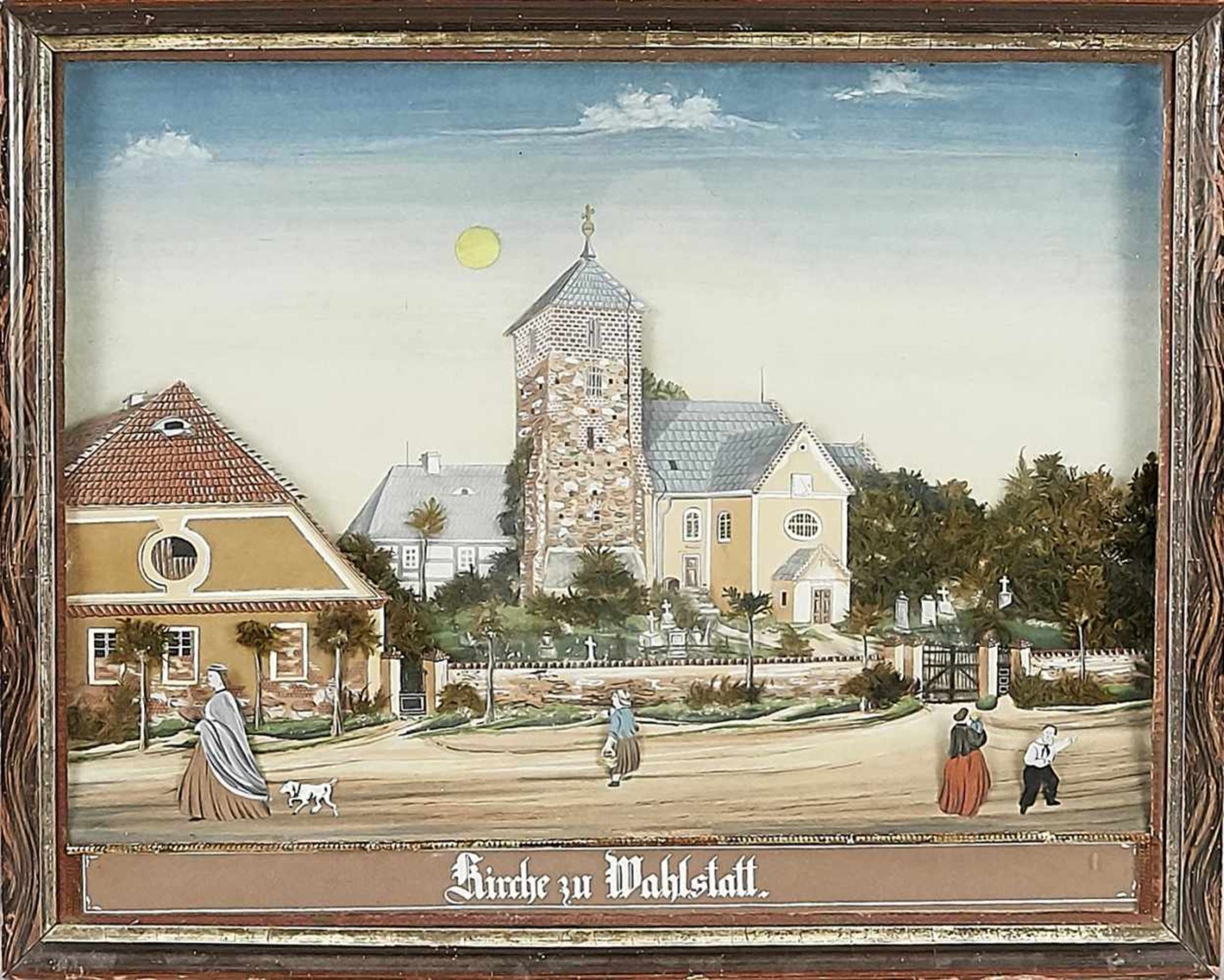 Schaukasten/Diorama, Ende 19. Jh., bez. "Kirche zu Wahlstatt". Dorfstraßenszene mit Kircheund