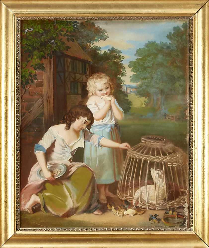 Dt. Genre painter of the 19th century, two siblings feed chicks in front of wooded