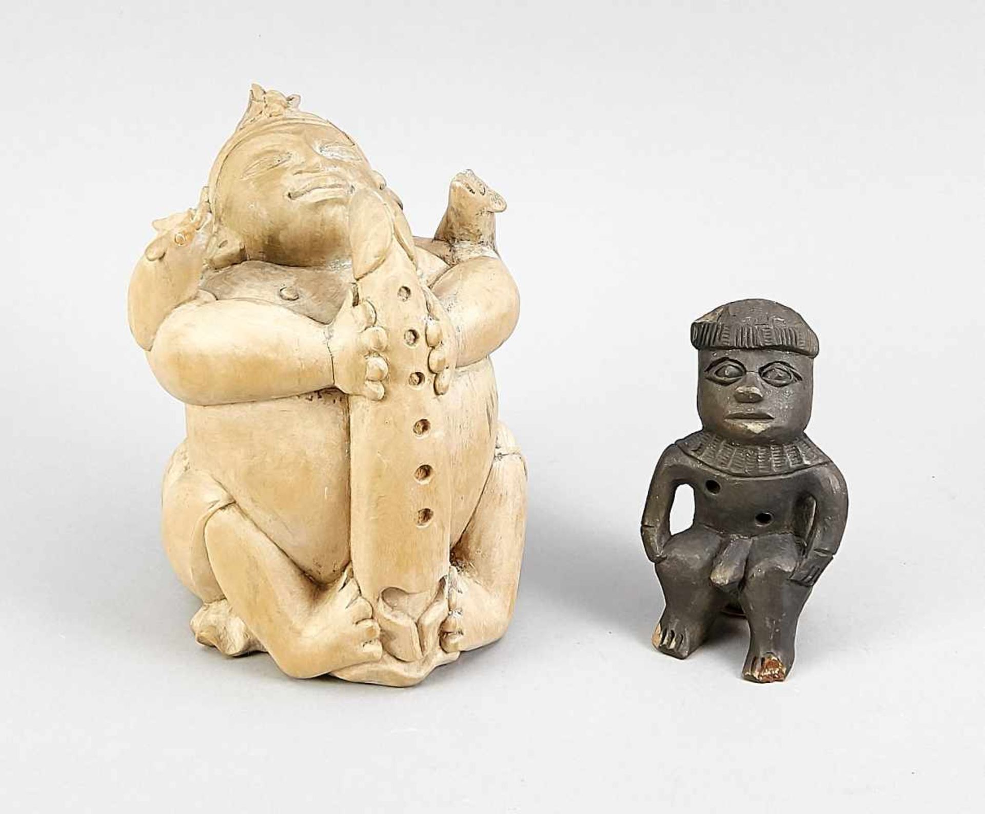 Two figures, Mexico, 20th century, wood, carved, abraded, bumped, drying crack, h. 21.5