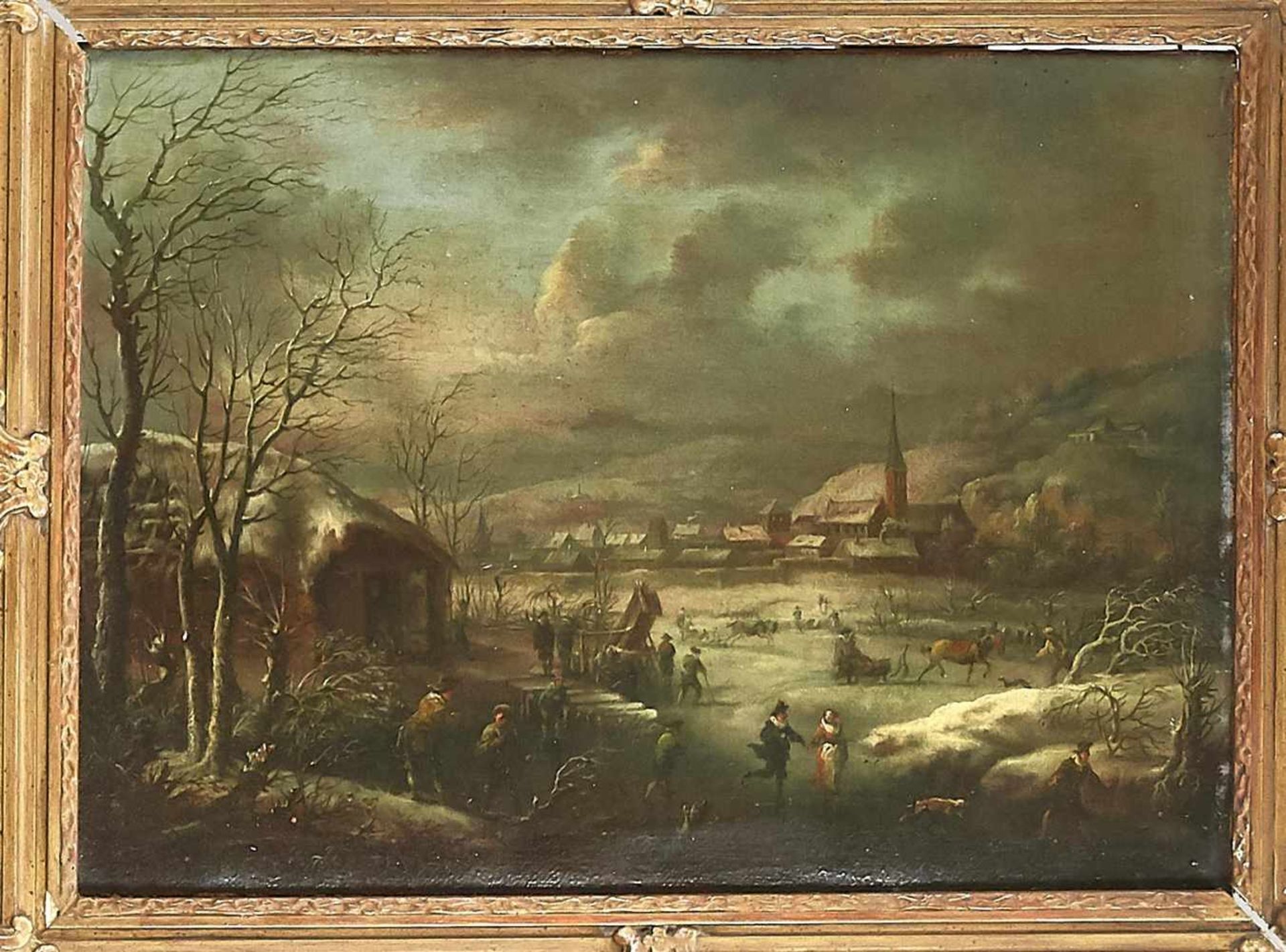 Dutch genre painter around 1700, ''ice pleasure'', hilly winter landscape with frozen lake