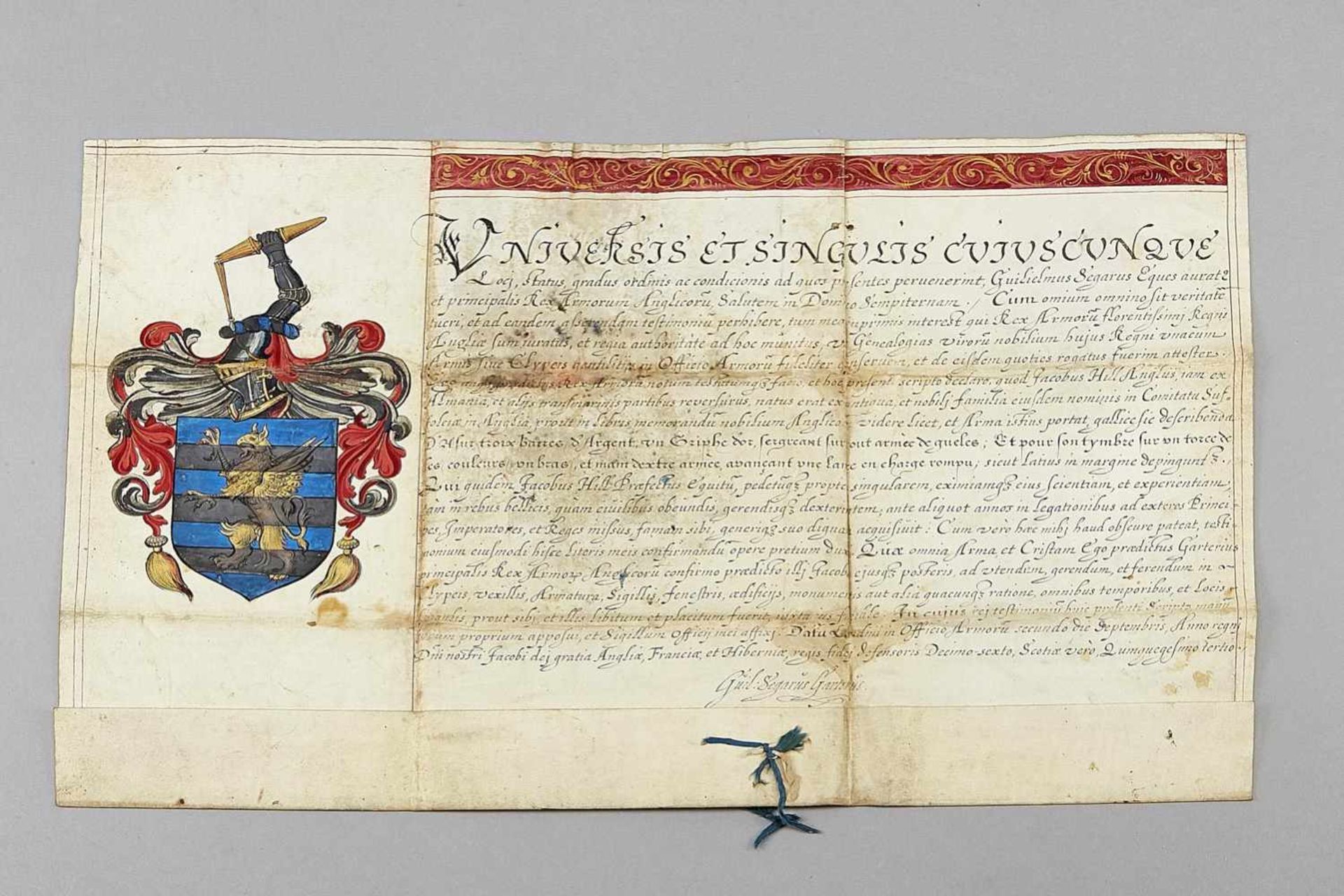 Deed with coat of arms painting, probably England 1st half of the 17th century, parchment
