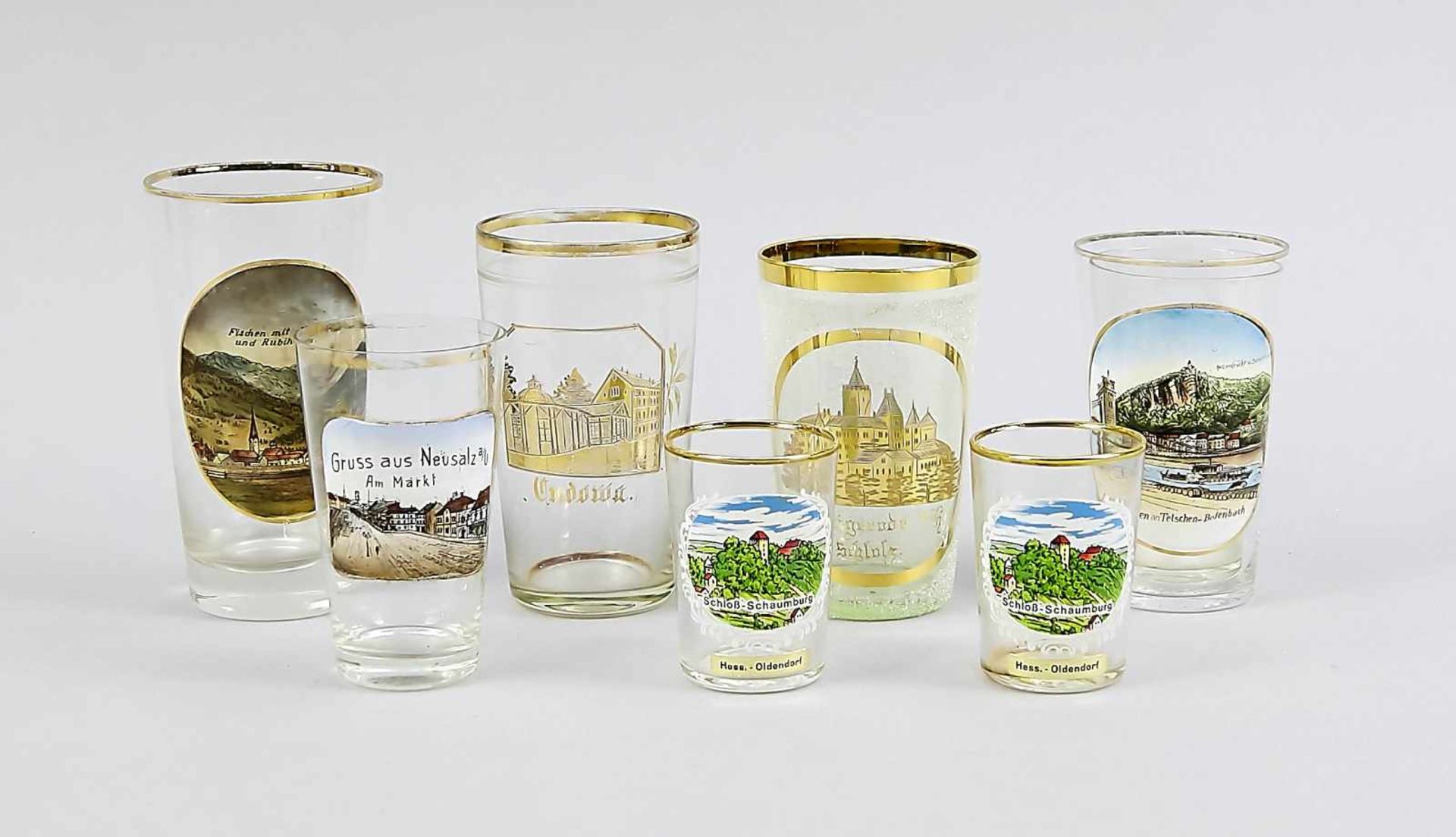Mixed lot of eight souvenir glasses, 20th century, conical shape, different sizes, with