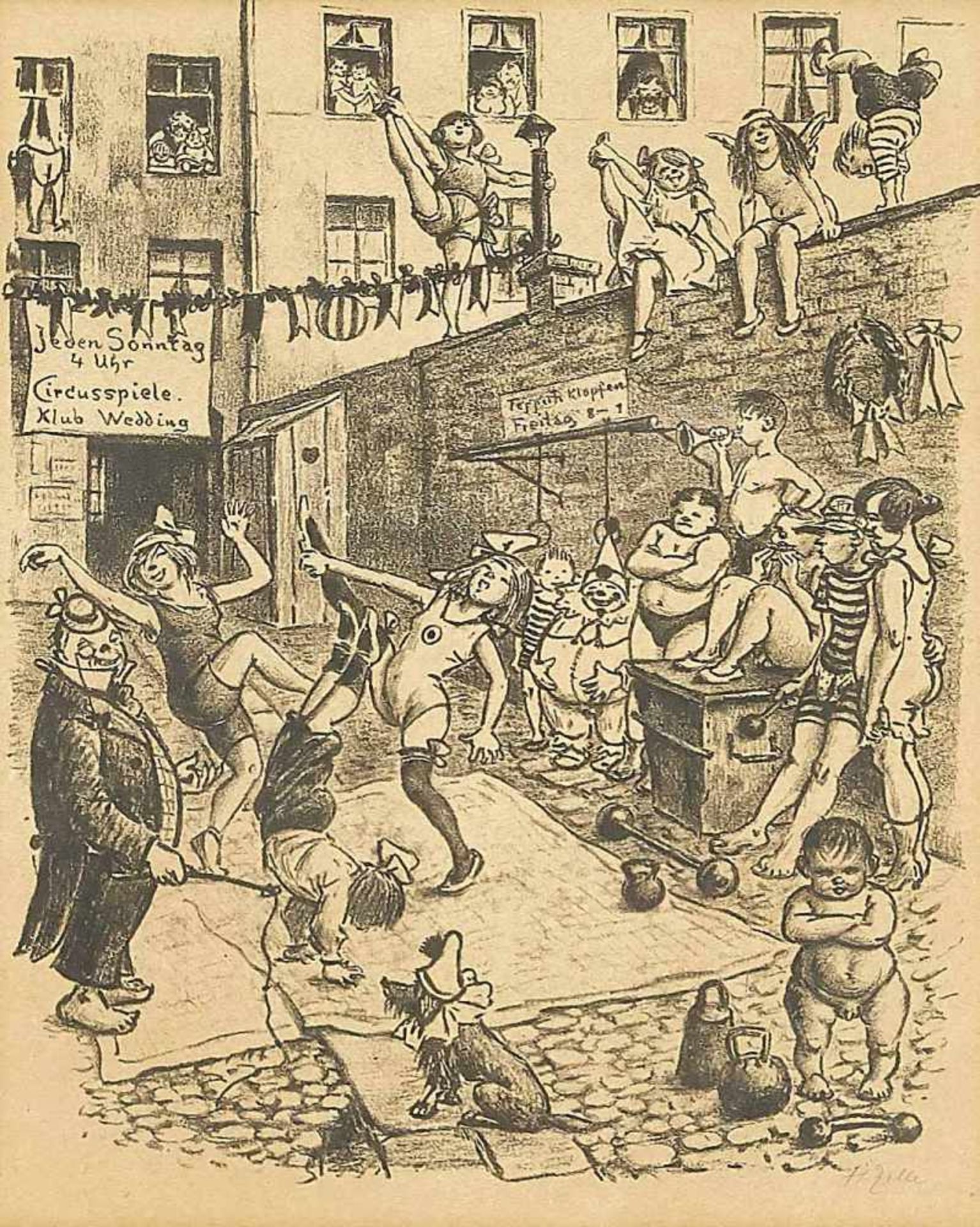 Heinrich Zille (1852-1929), ''circus play in the backyard'', lithograph on sand-colored,