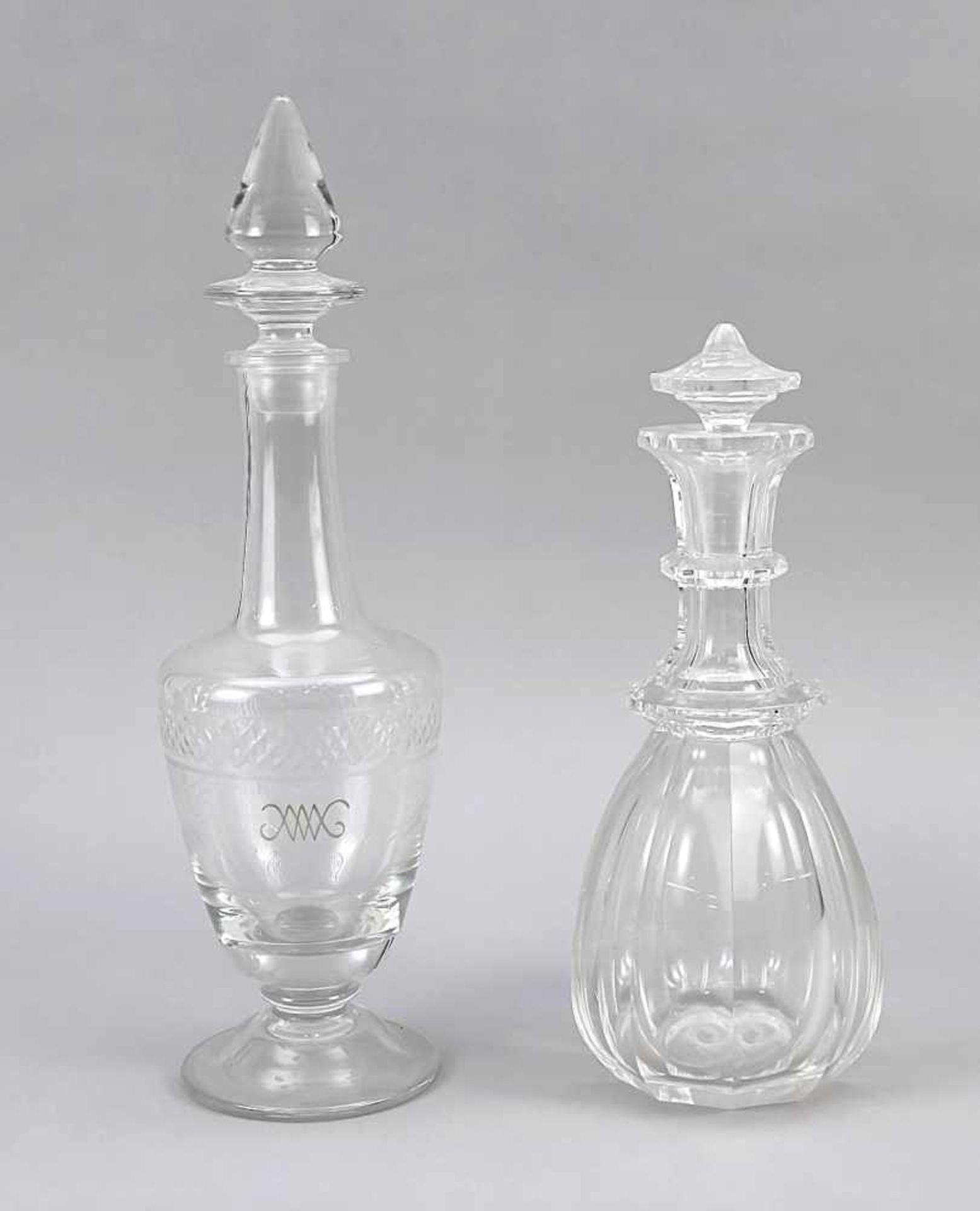 Two carafes, 1st half of the 20th century, 1 on round disc base, conical body, slender