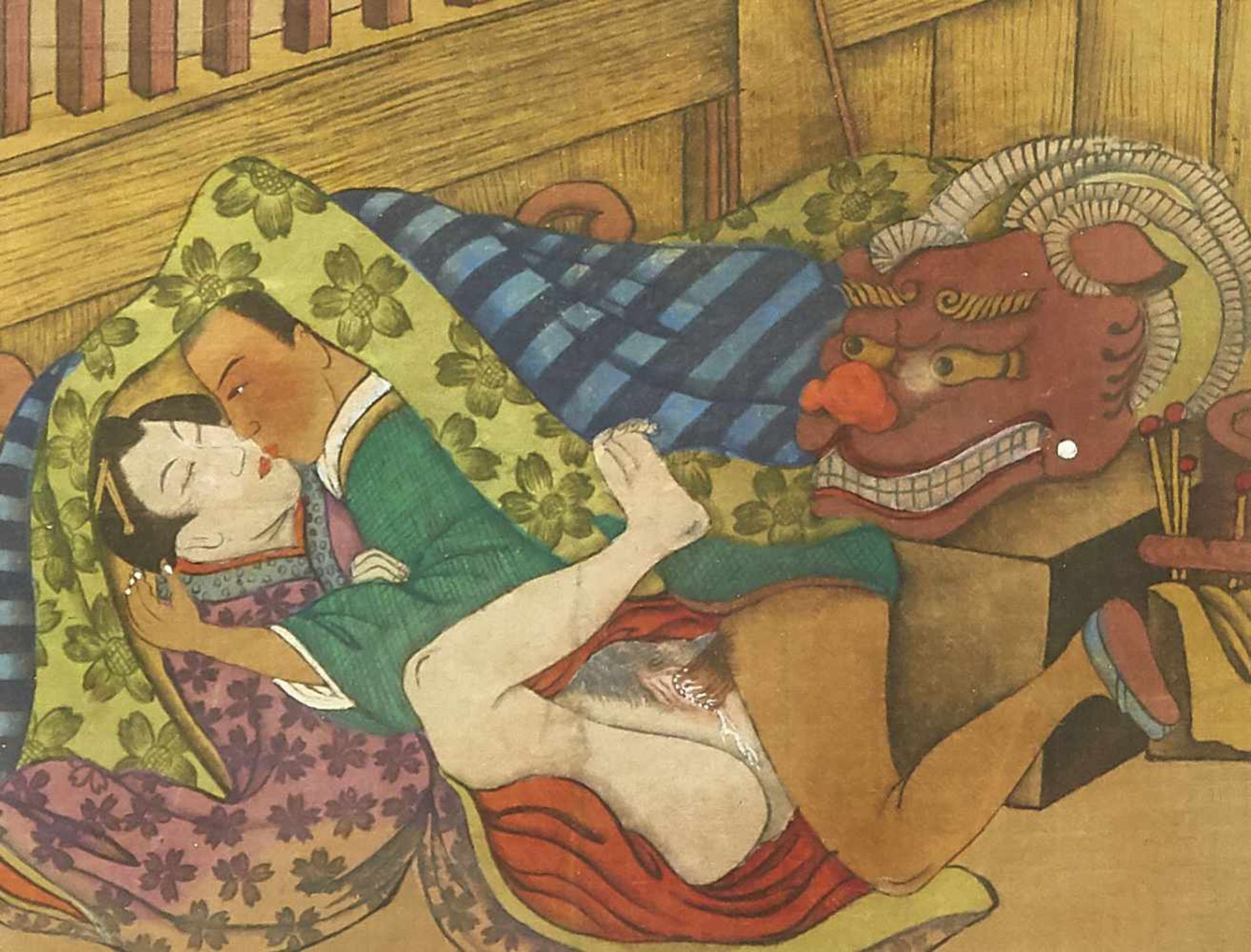Six Shungas, Japan, 19th century, fine painting on silk, silk brocade border, browned, - Bild 2 aus 4