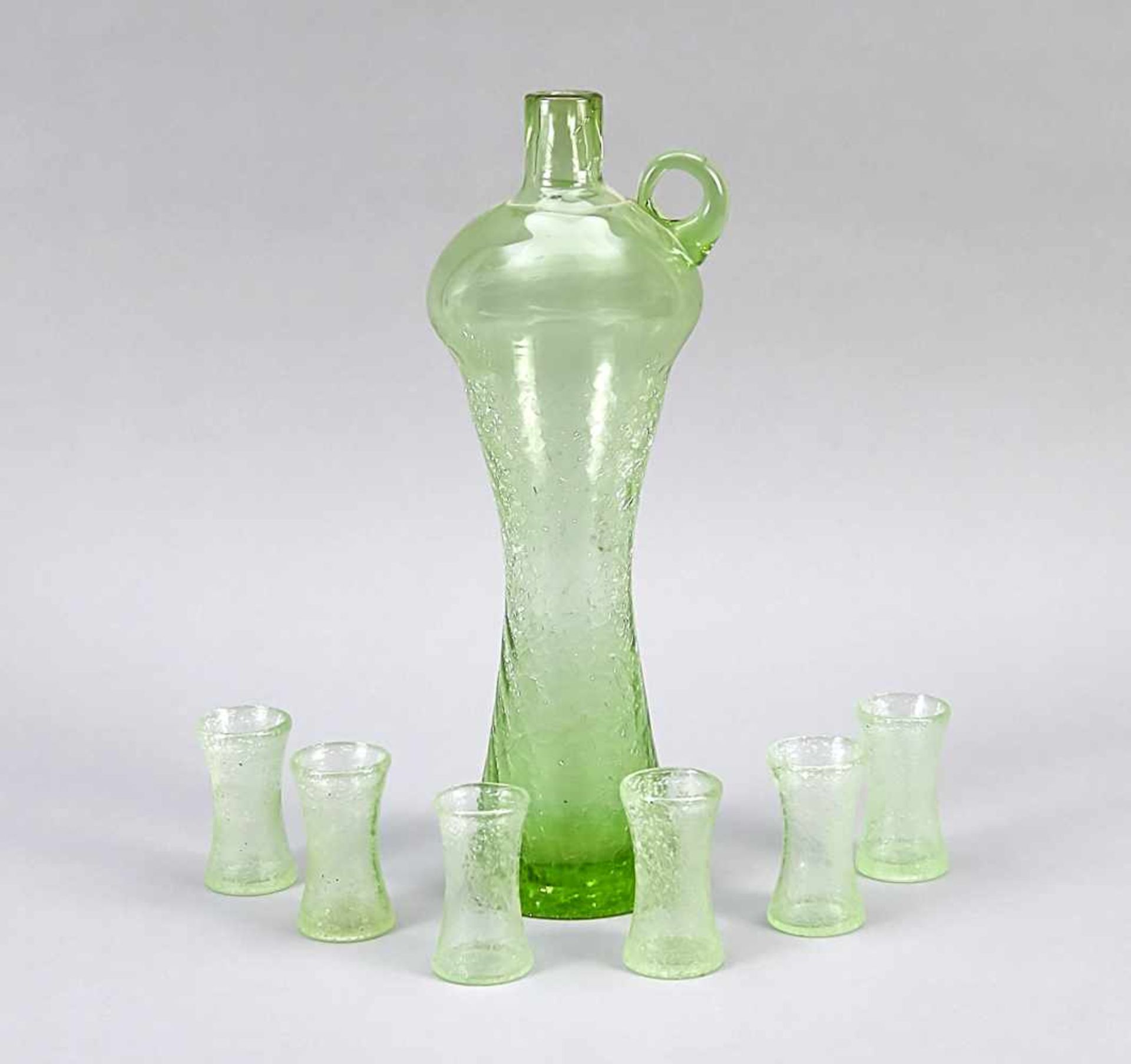Bottle with six glasses, 20th cent., round base, curved body, bottle in the upper area