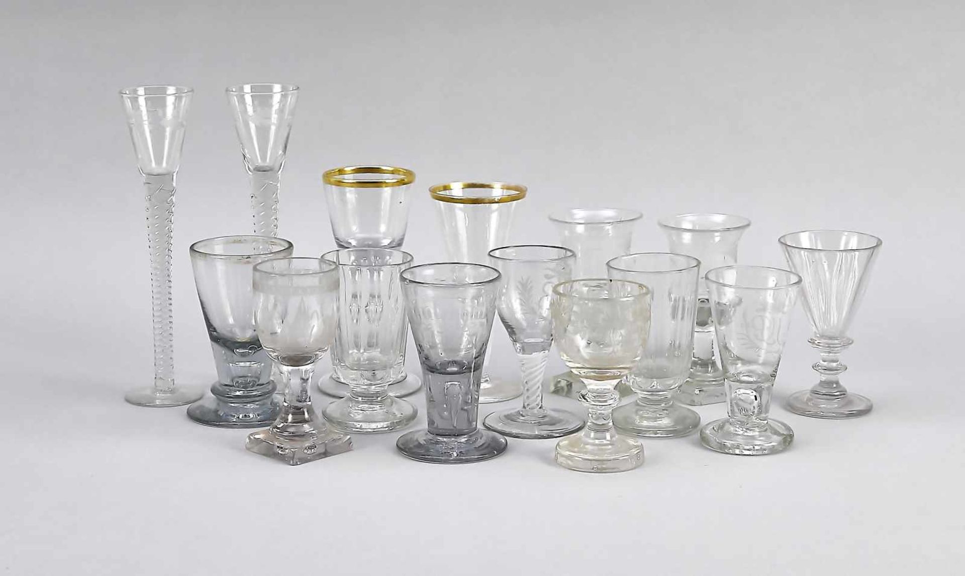 15 goblets, 18th/19th cent., different shapes and sizes, clear glass, 2 with gold rim