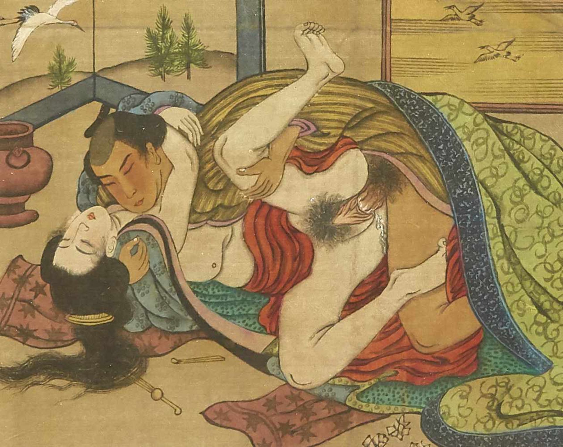 Six Shungas, Japan, 19th century, fine painting on silk, silk brocade border, browned, - Bild 4 aus 4