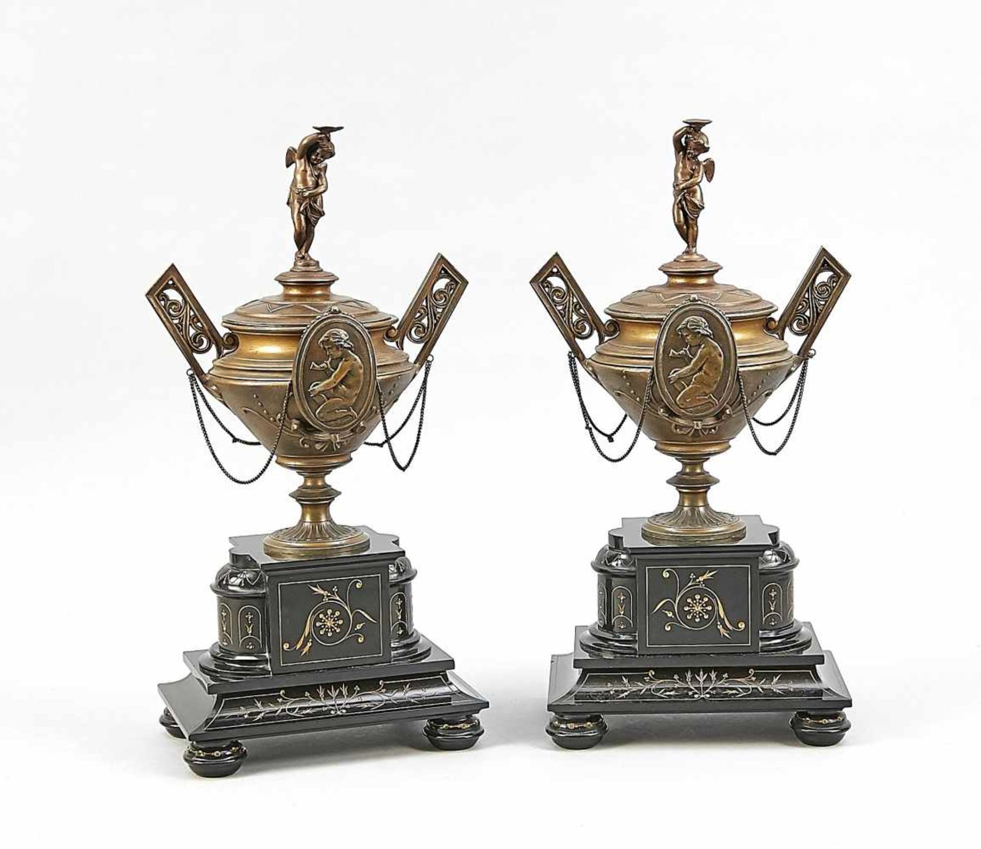 Two side plates around 1900, lidded vases made of bronzed cast metal with figurative