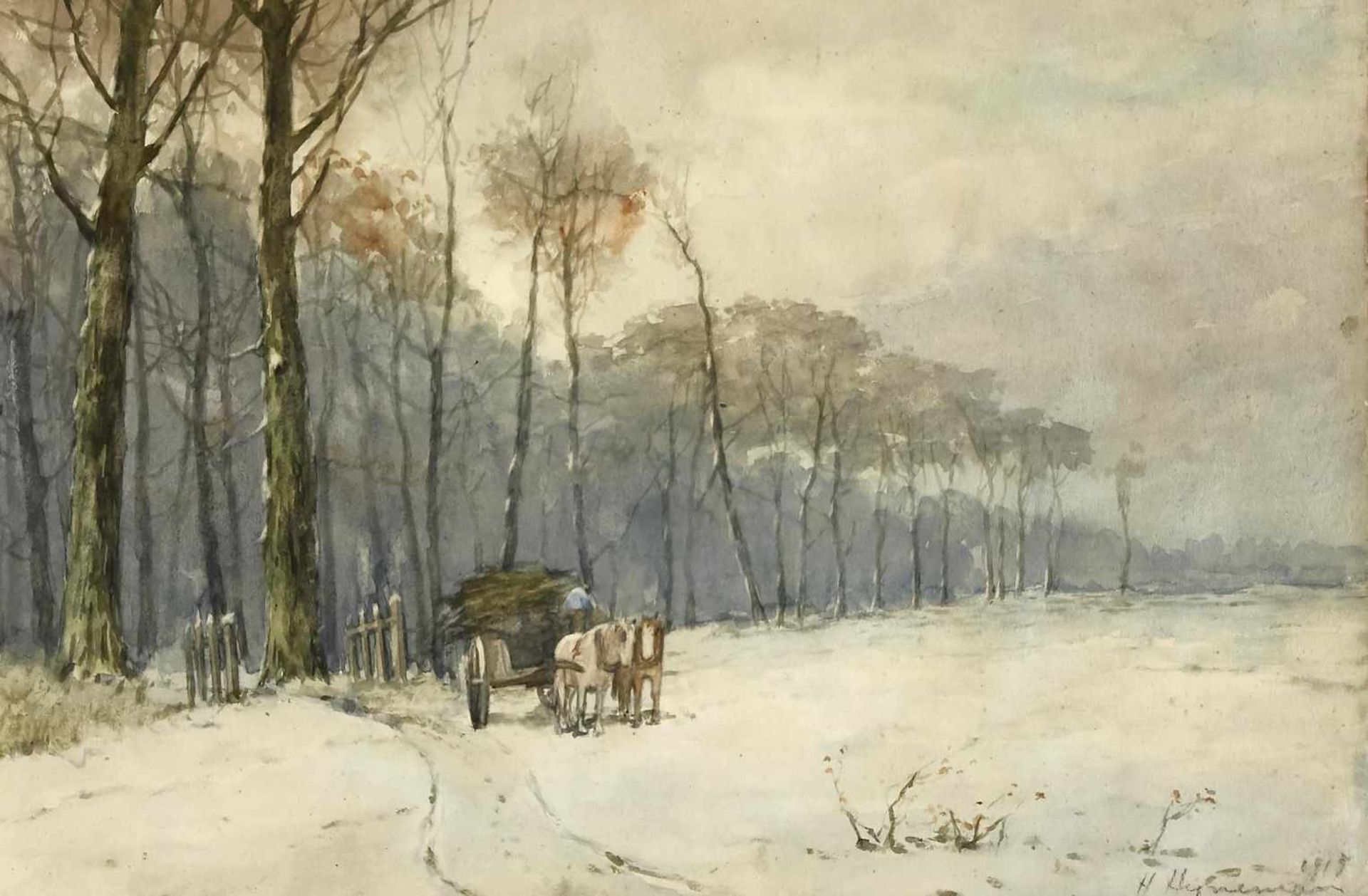 H. Heynemann, painter around 1915, horse-drawn cart loaded with wood on snowy edge of