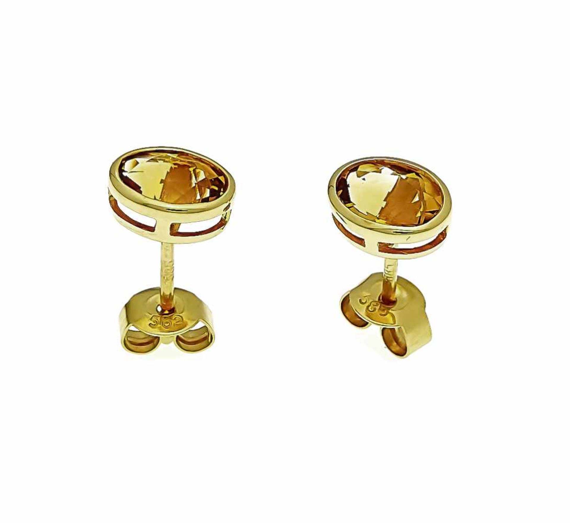 Citrine stud earrings GG 585/000 with 2 oval faced citrines 7.5 x 5 mm, length 8.3 mm, 1.4