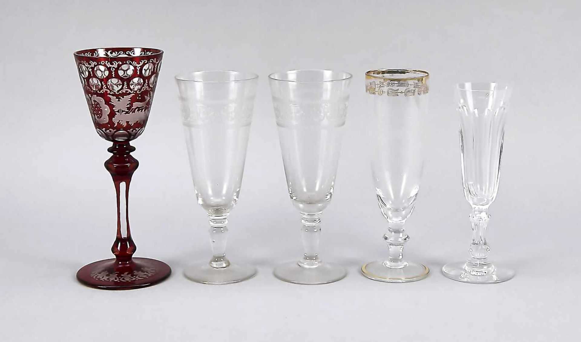 Compilation of five glasses, 20th cent., different shapes, clear glass, etched red, partly