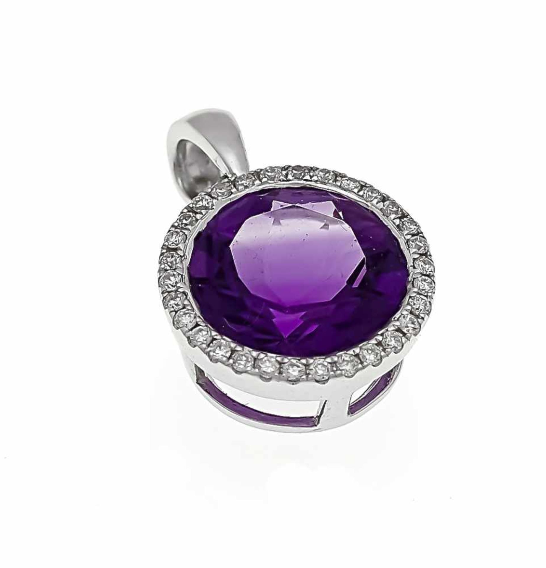 Amethyst-brilliant pendant WG 585/000 with a round fac. Amethyst 8.5 mm and brilliant-cut