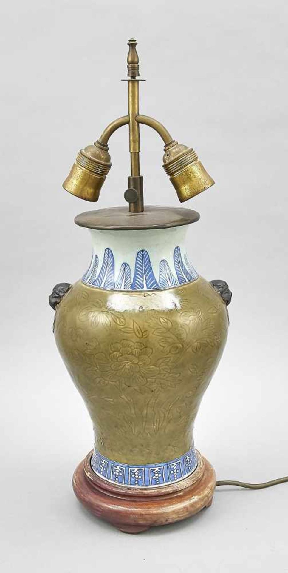 Vase mounted as a lamp base. Vase: China, 19th century, with carved peony decoration on an