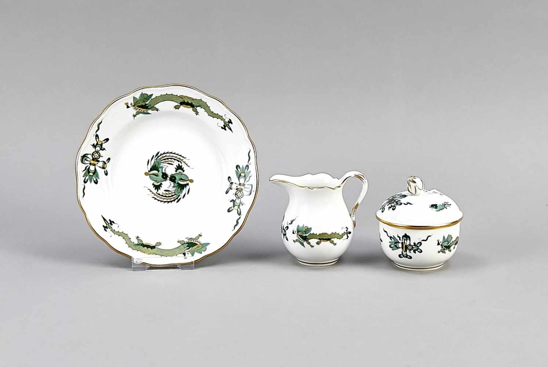 Three pieces Meissen, around 1980, 1st quality, shape New section, decor of green court