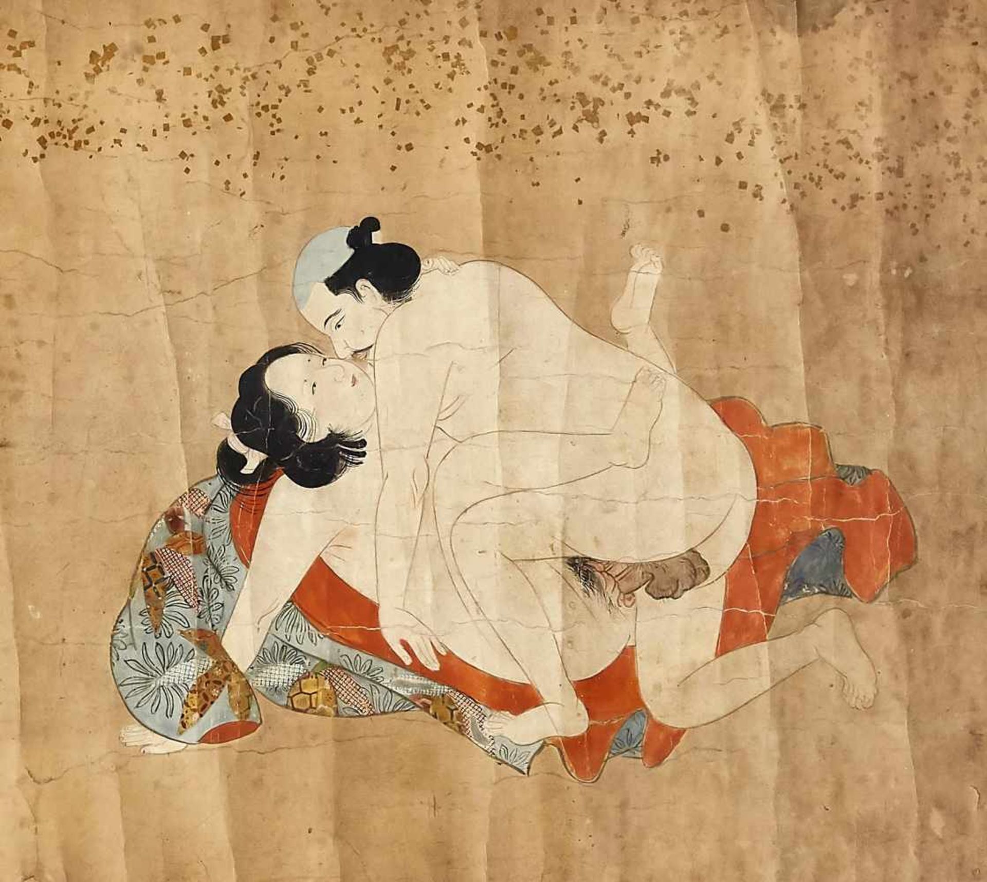 Shunga scroll painting, Japan, 18th century, painting in gouache a. gold, 7 positions,