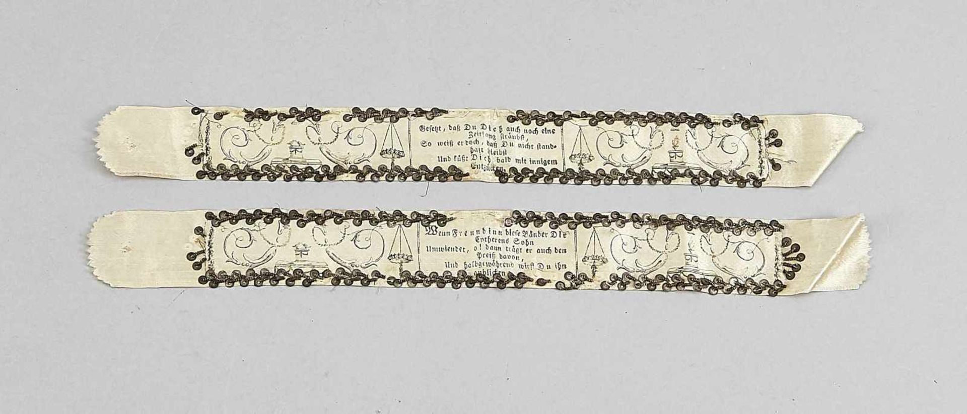 A pair of Rococo garters with erotic verses, Germany, 18th century, silk, printed and