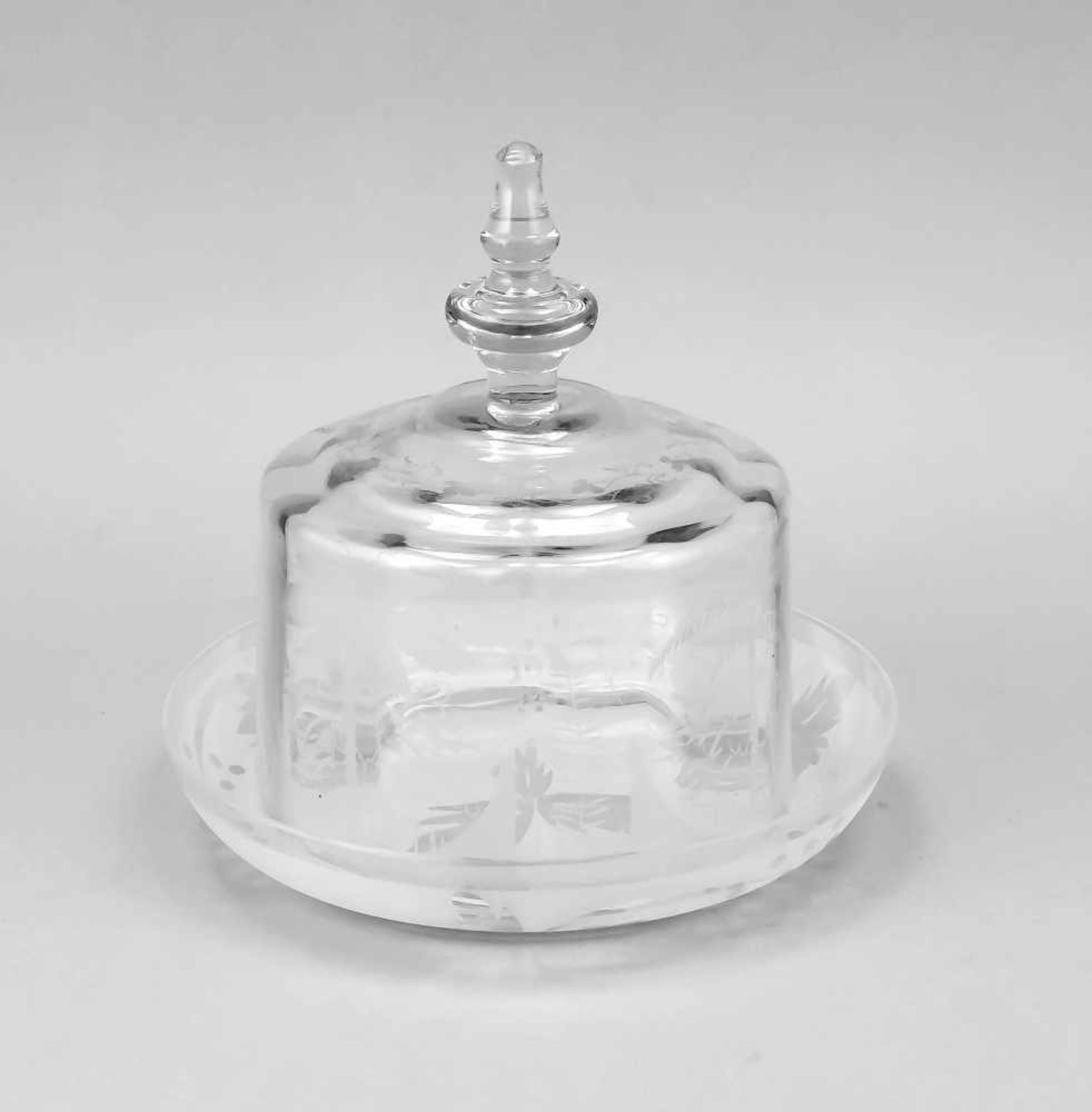 Glass cover with saucer, early 20th century, clear glass with cut and etched palm