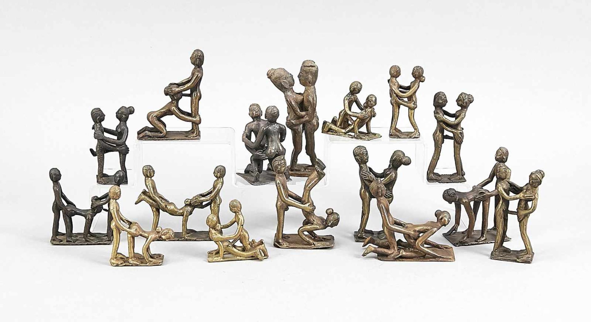 16 couple figures in different sexual positions, Indonesia, 20th century, bronze,