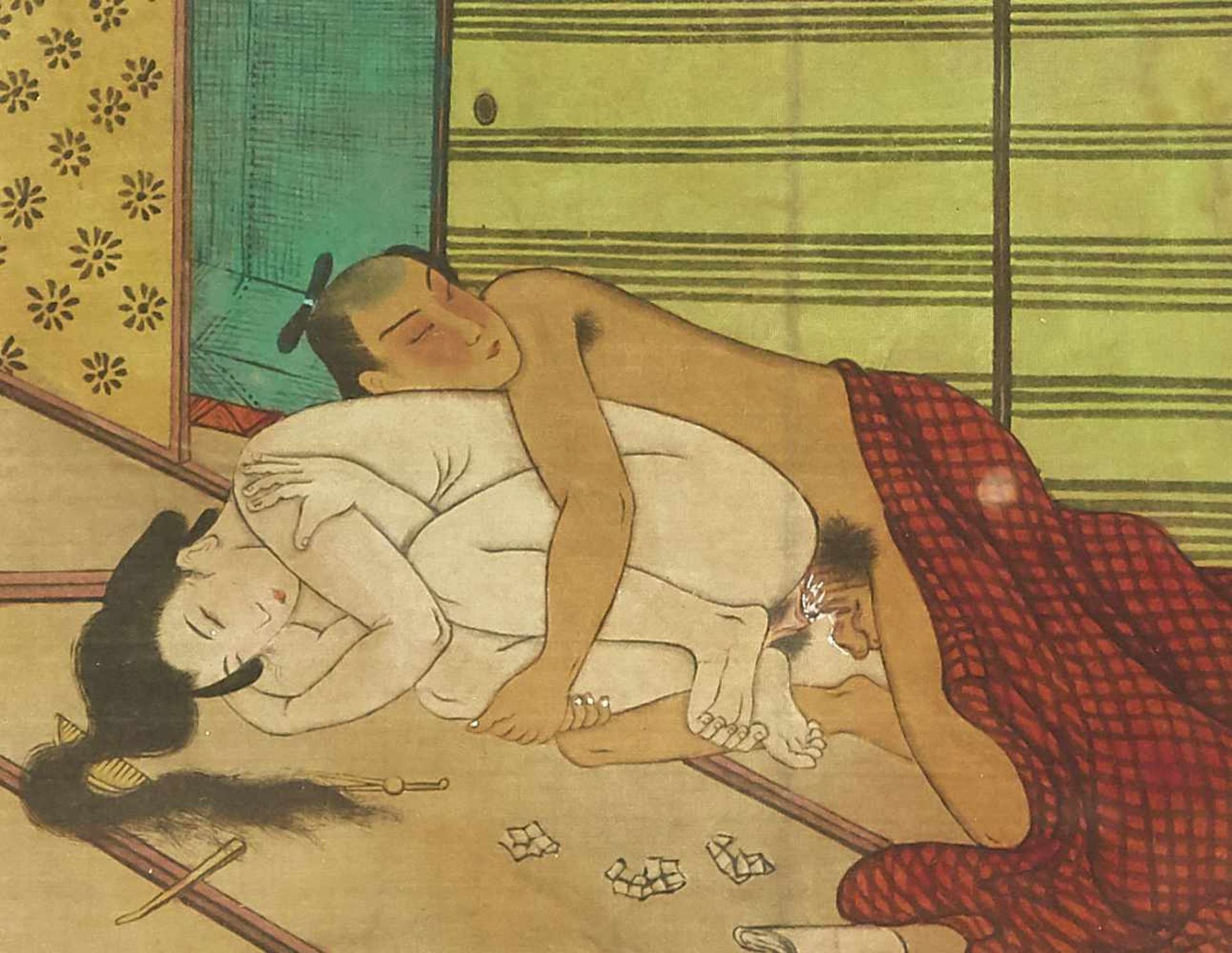 Six Shungas, Japan, 19th century, fine painting on silk, silk brocade border, browned,