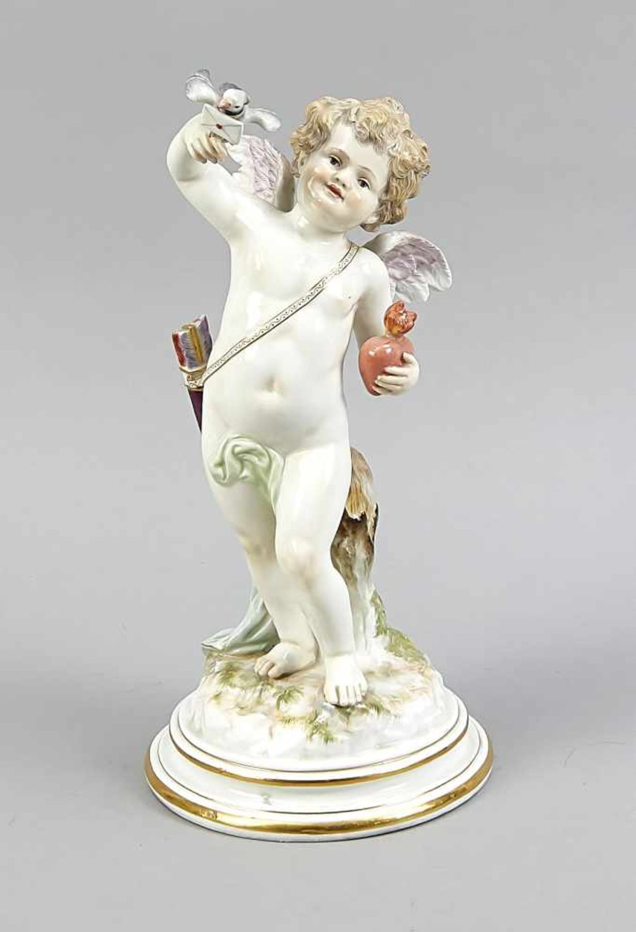 Large Cupid with Heart and Carrier Pigeon, Meissen, mark 1850-1924, 1st quality, designed