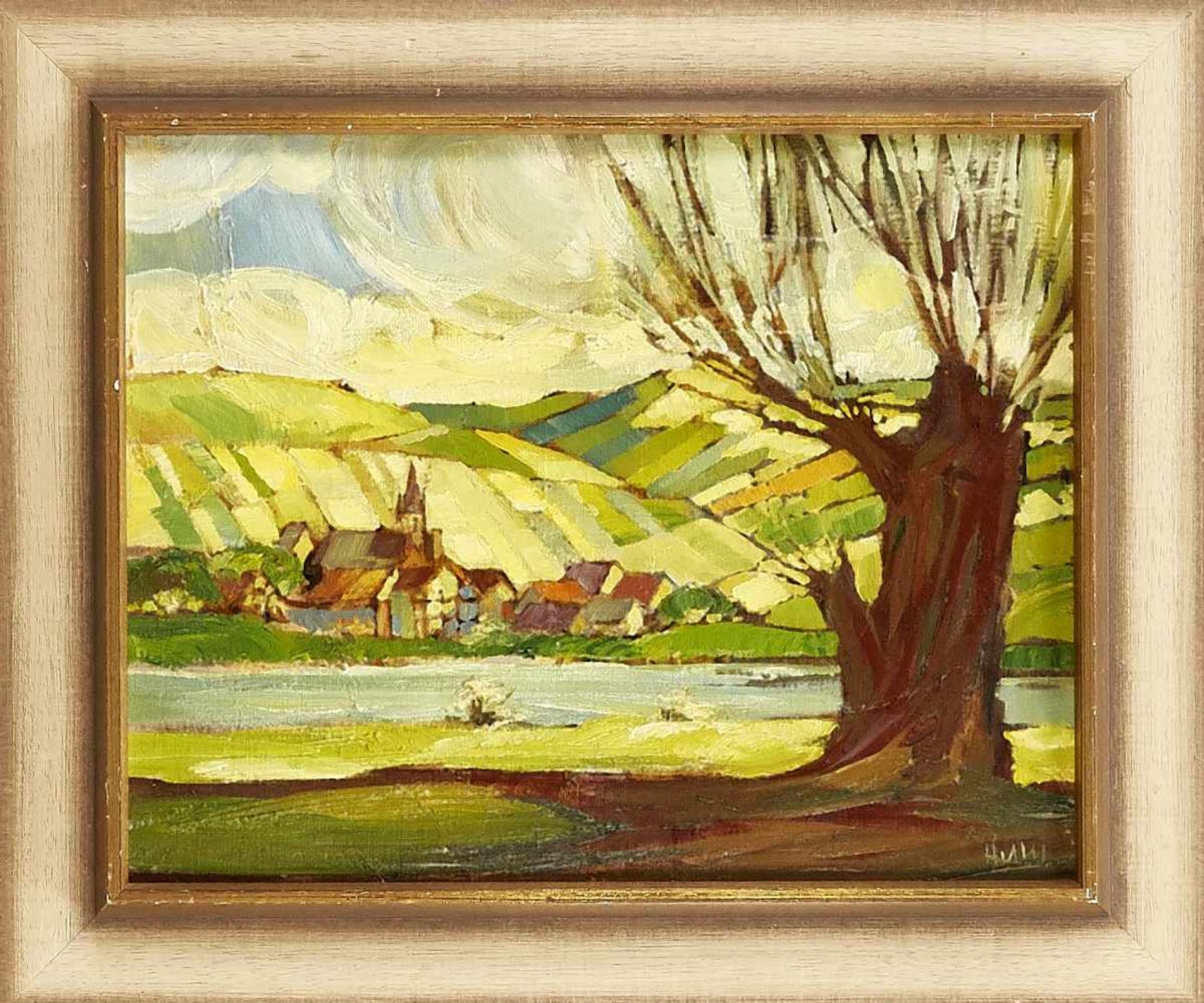 Unidentified painter around 1960, riverside with wicker and village in front of hilly