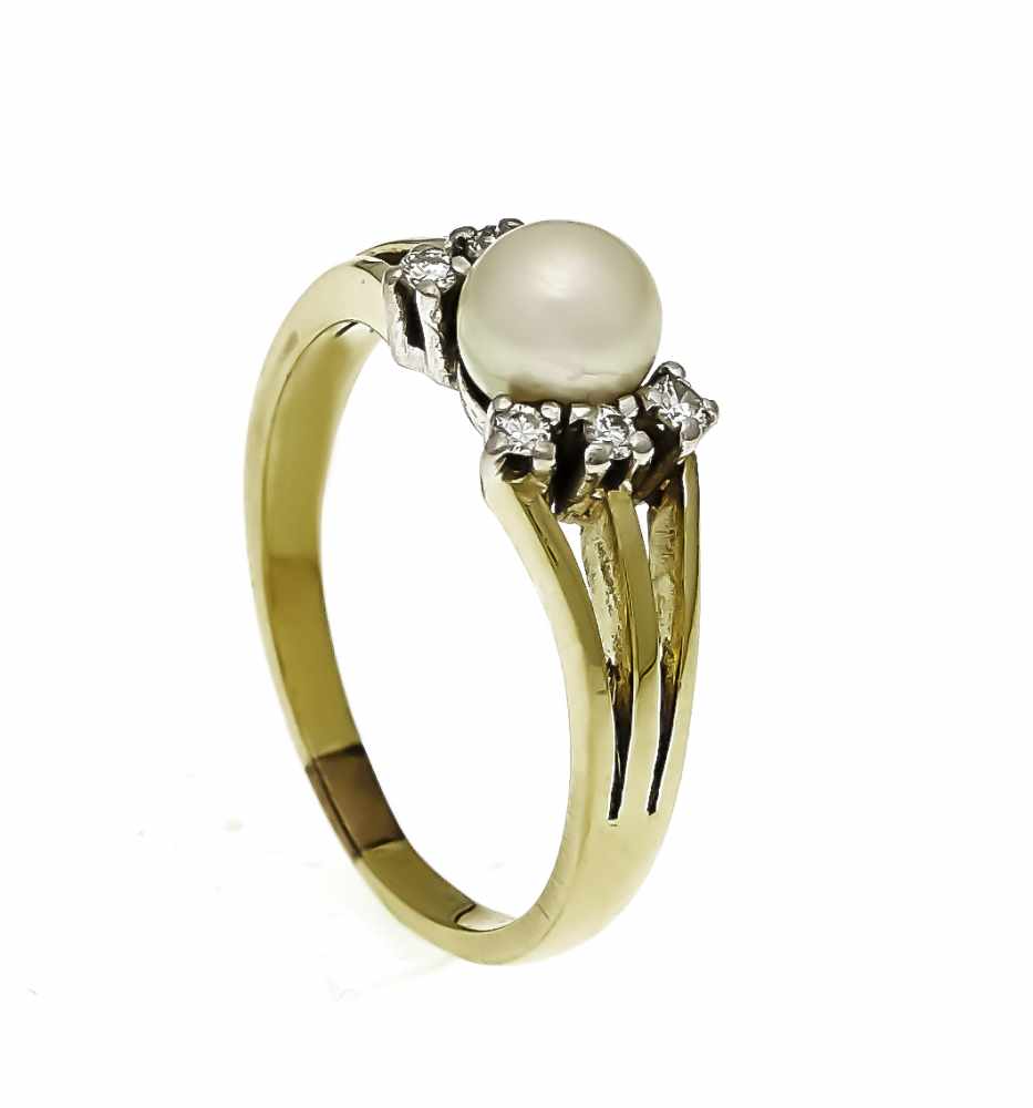 Akoya brilliant ring GG / WG 585/000 with an Akoya pearl 6 mm and 6 brilliants, total 0.12