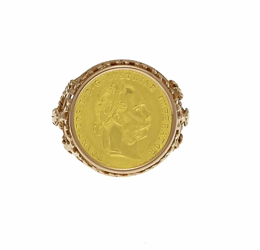 Coin ring GG 750/000 with a gold coin GG 986/000 1 ducat Austria 1915, RG 65, 9.6 g - Image 2 of 2