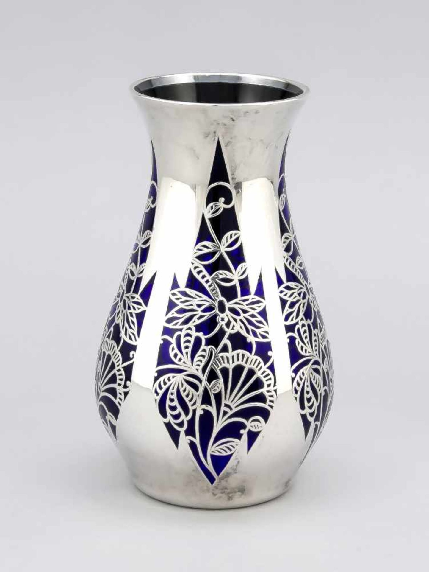 Vase, 20th century, round base, bulgy body, cobalt blue glass with rich floral silver