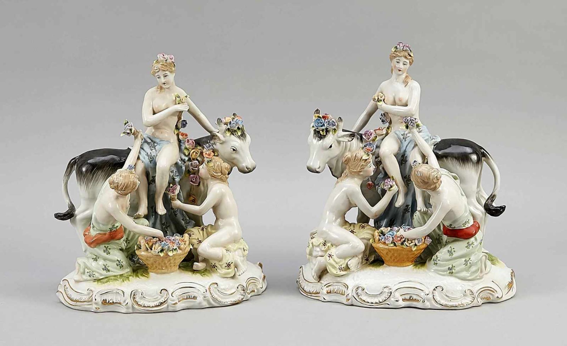 Pair of figure groups, prob. Thuringia, 20th century, after a model of the Meissen