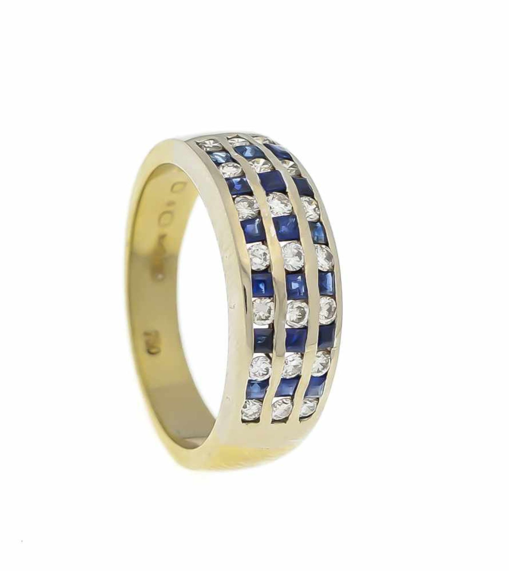 Sapphire diamond ring GG 750/000 with round fac. Sapphires 2 mm and diamonds, total 0.46