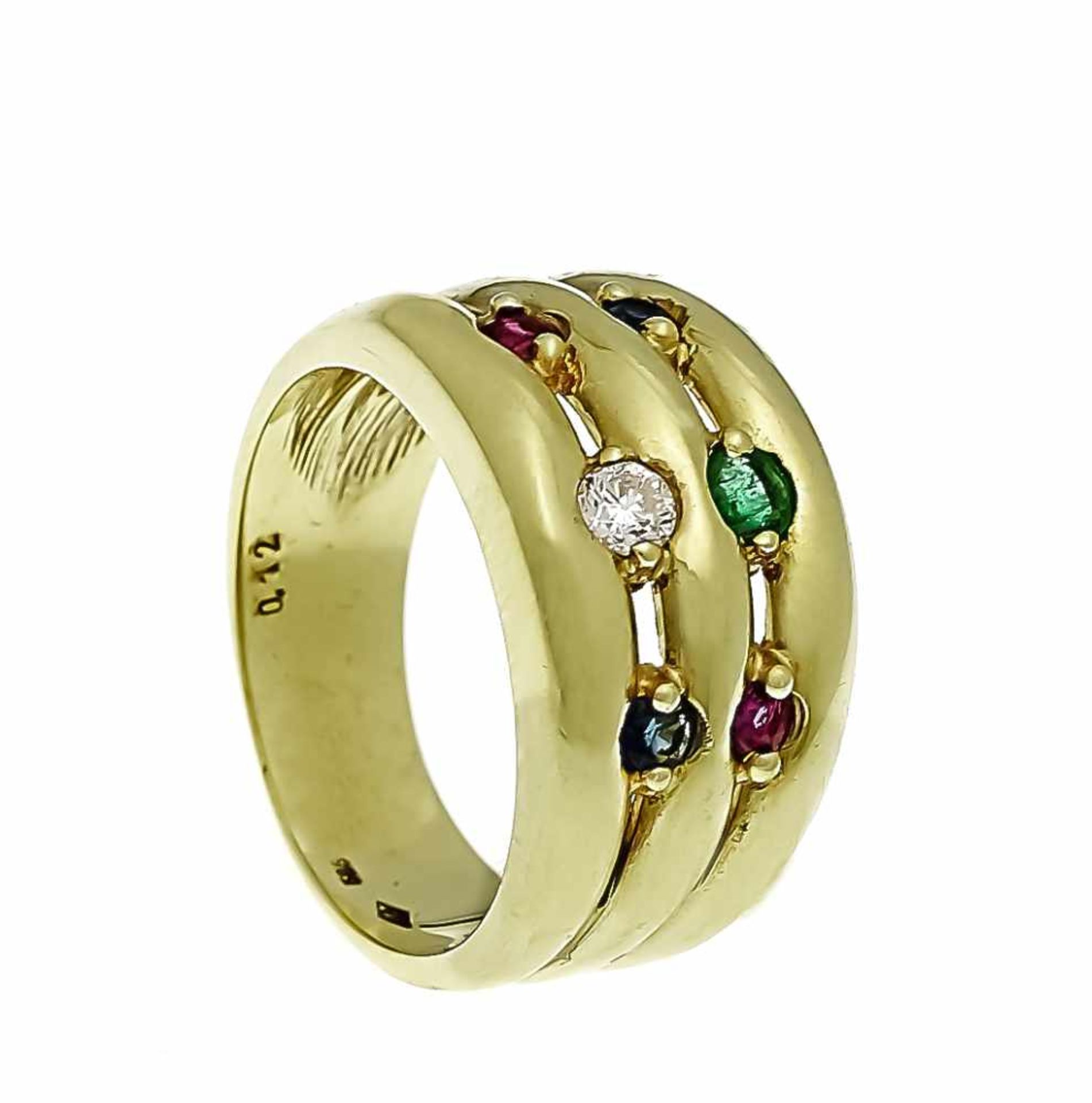 Multicolor ring GG 585/000 with a round faceted emerald 3.5 mm, two round faceted rubies