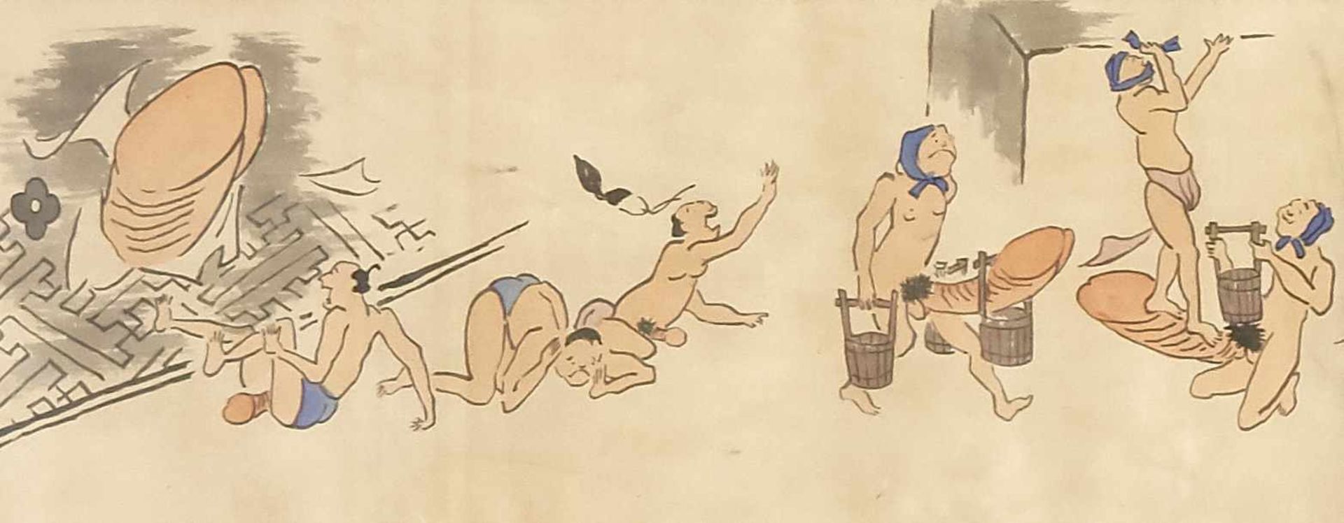 Scroll painting by Gyu Sai Kawanabe, mocking pictures of the strength of the man, Japan,