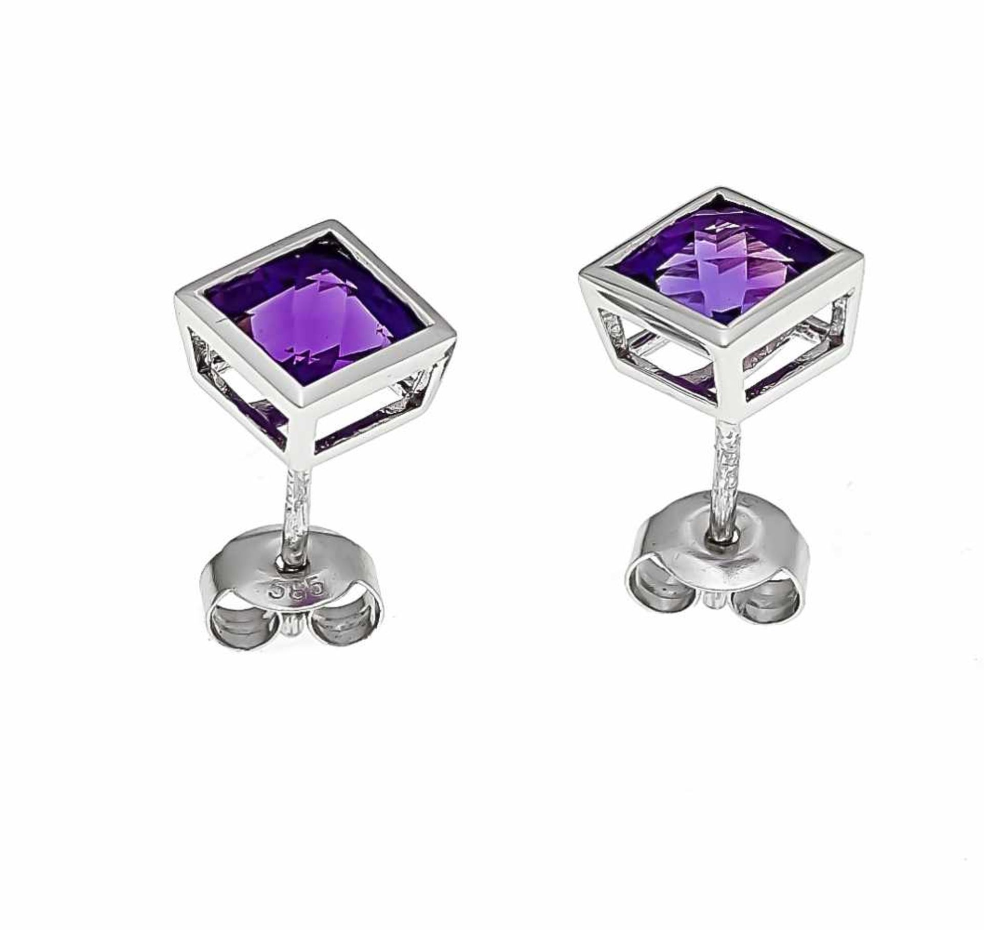 Amethyst ear studs WG 585/000 with 2 fac.Amethysts 6 x 6 mm, L. 7.5 mm, 1.8 g