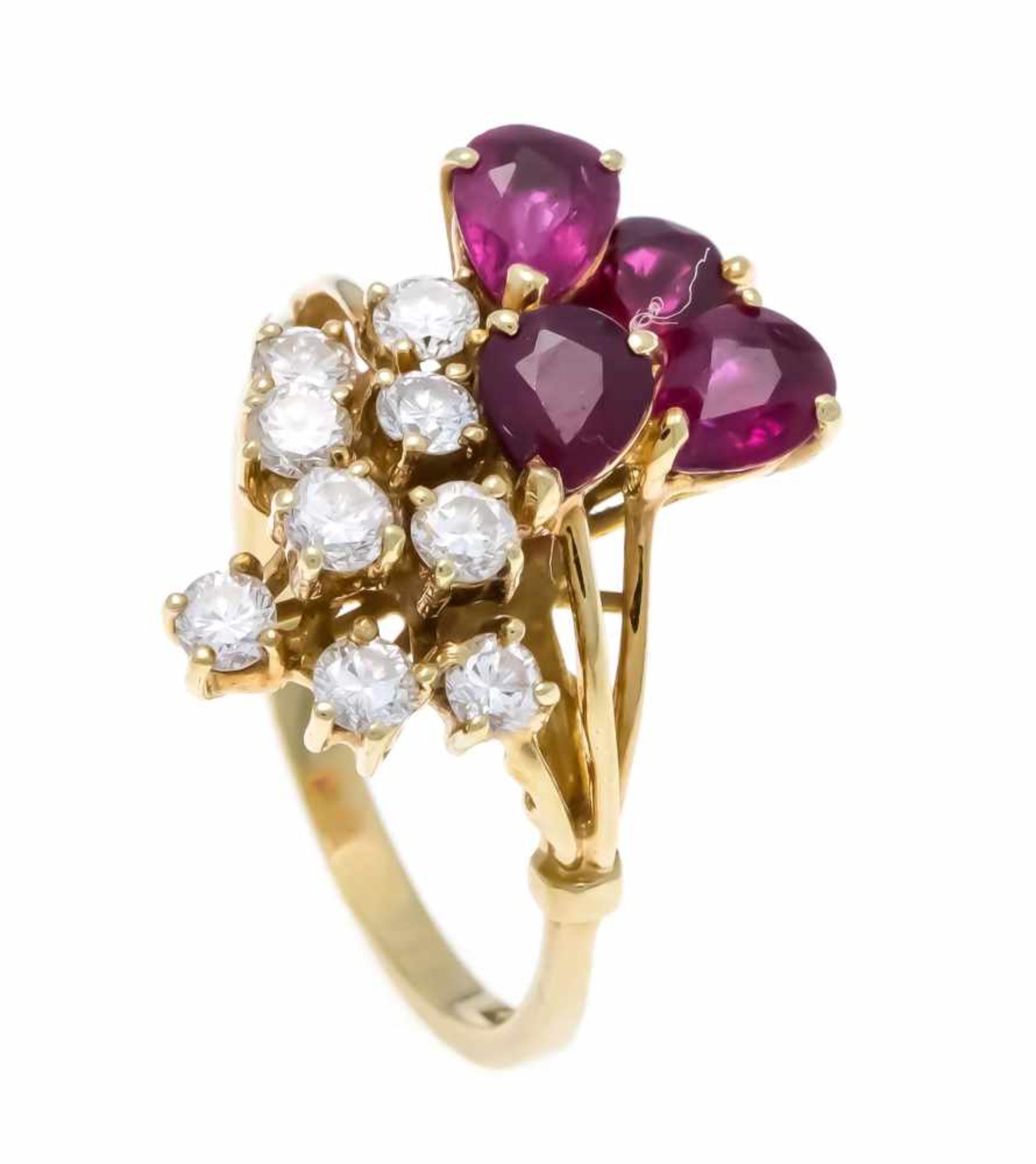 Ruby-Brilliant-Ring GG 585/000 with 4 fac. Ruby-drops 4.8 x 4 mm and 9 diamonds, in