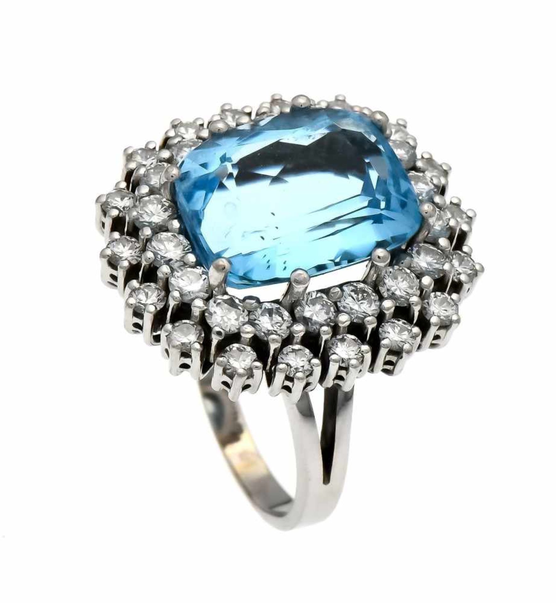 Blue topaz brilliant ring WG 750/000 with an antique cut fac. Blue topaz 10.4 ct in very