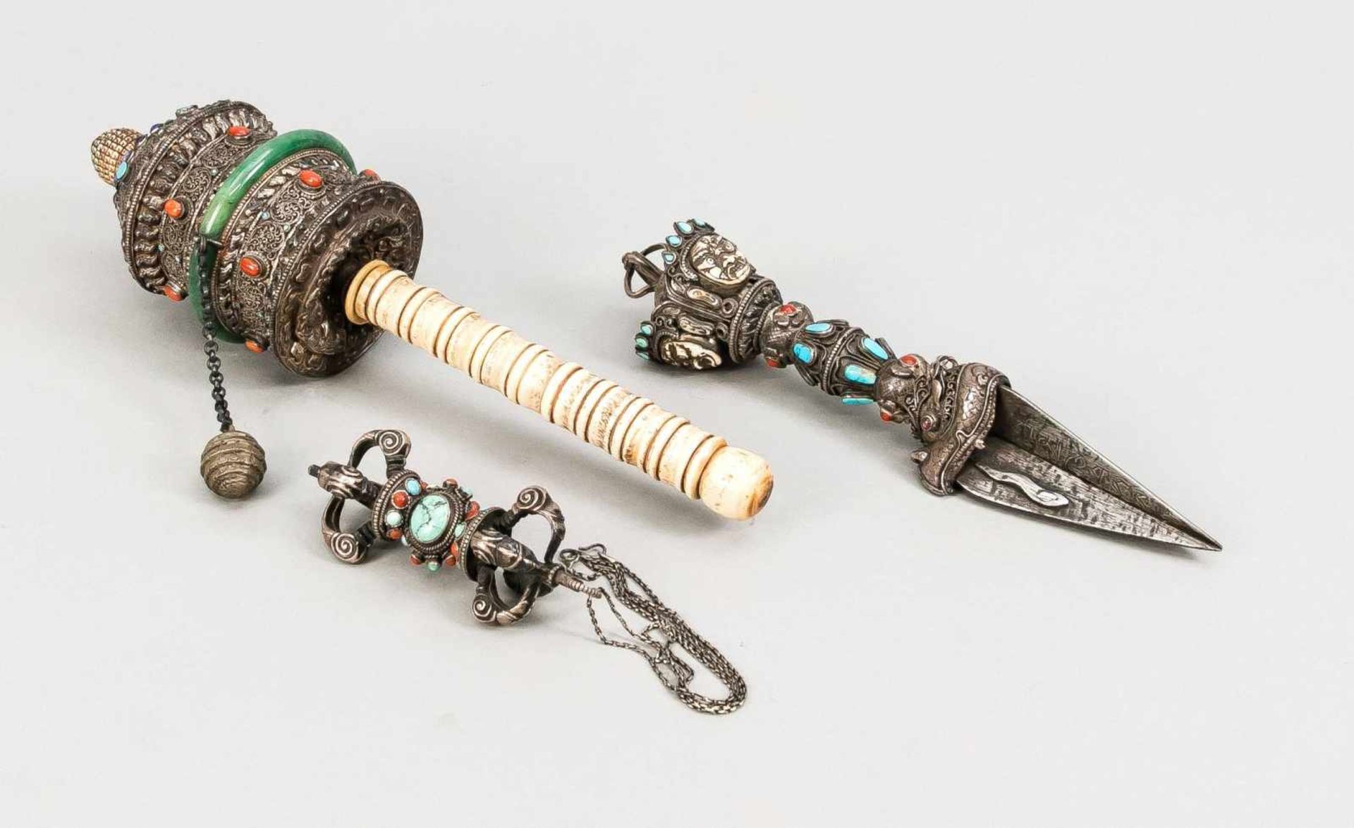 3 ritual objects from Tibet, 19./20. Century, prayer wheel, Varja and Phurba. Iron, silver