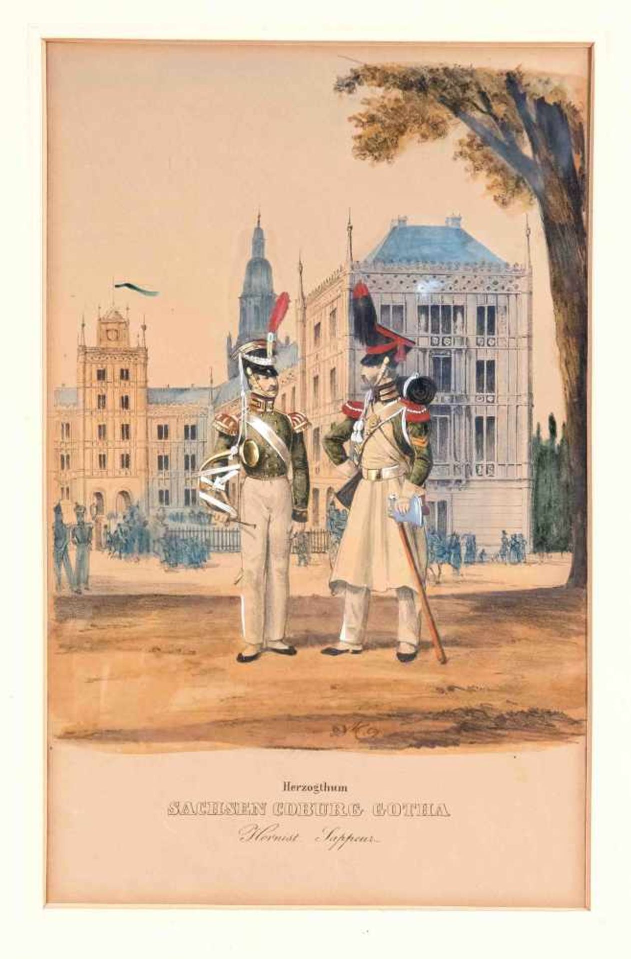 Military and uniform customer, compilation of 7 framed graphics of the 19th century,