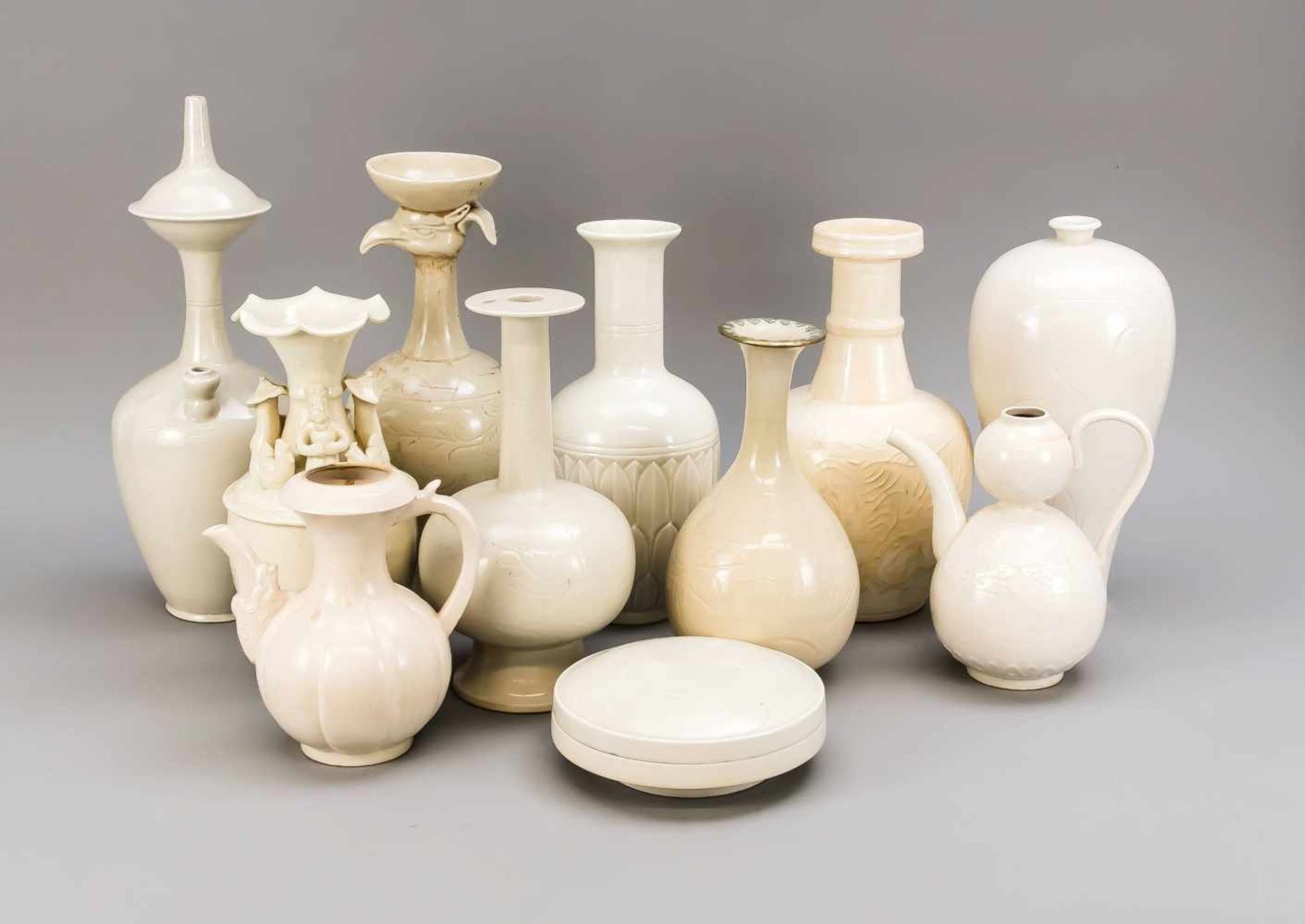 Large collection of monochrome white ceramics, China, 20th century. Vases and vessels in