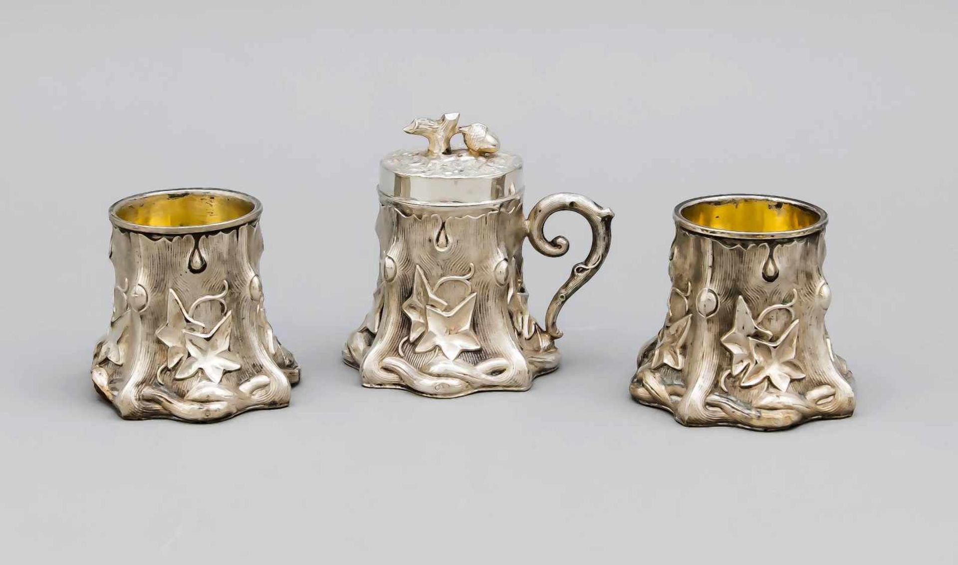 Three-piece spice set, around 1900, silver tested, partly gilded interior, 2 bowls and 1