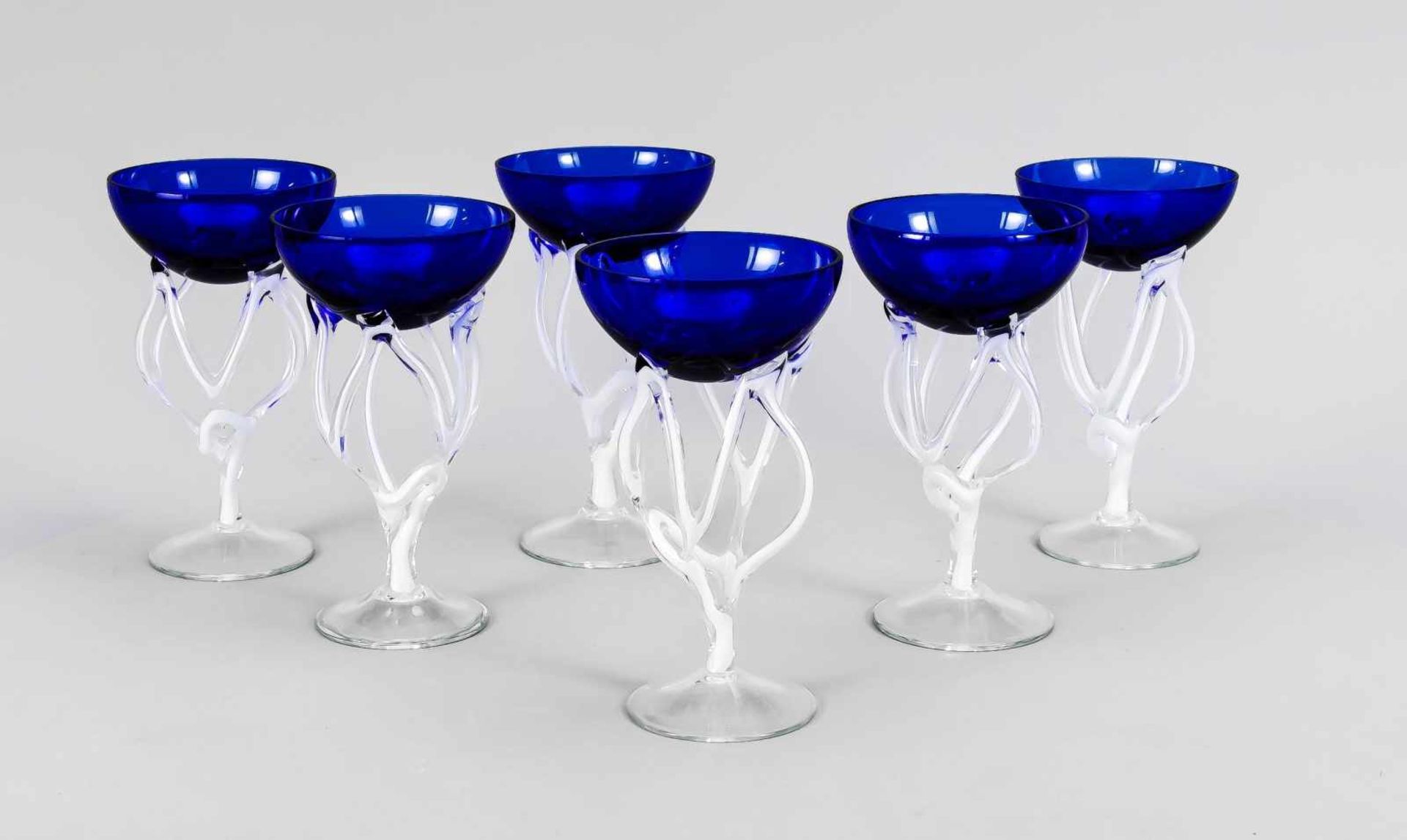 Six champagne cups, 2nd half of the 20th century, round stand, stem made of curved and