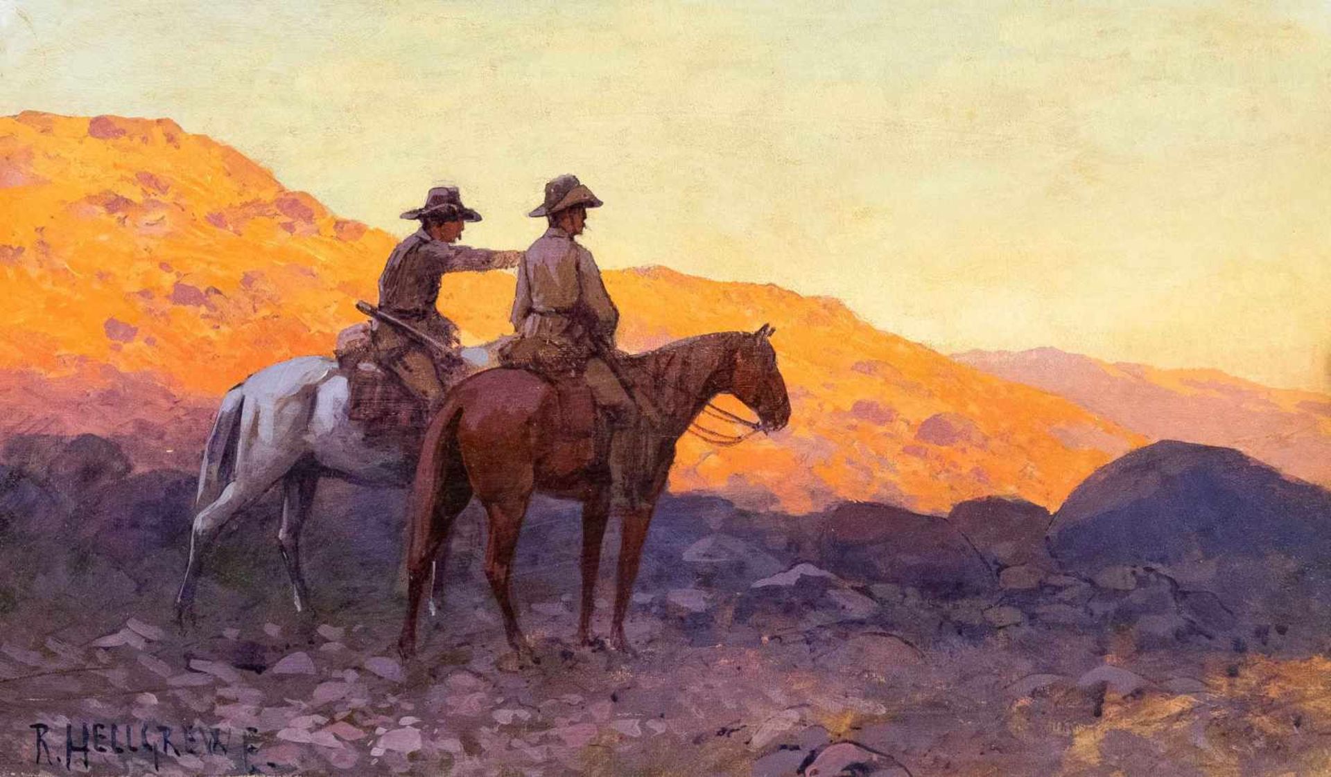 Rudolf Hellgrewe (1860-1935), Berlin landscape and colonial painter. Two cavalry scouts in