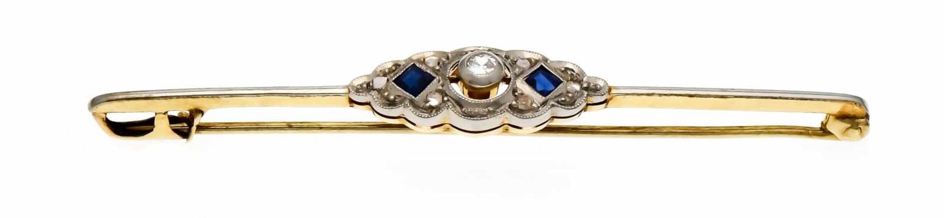 Art Deco brooch GG / WG 585/000 with 2 fac. Sapphire carrés 2 mm, an old cut diamond 0.03<