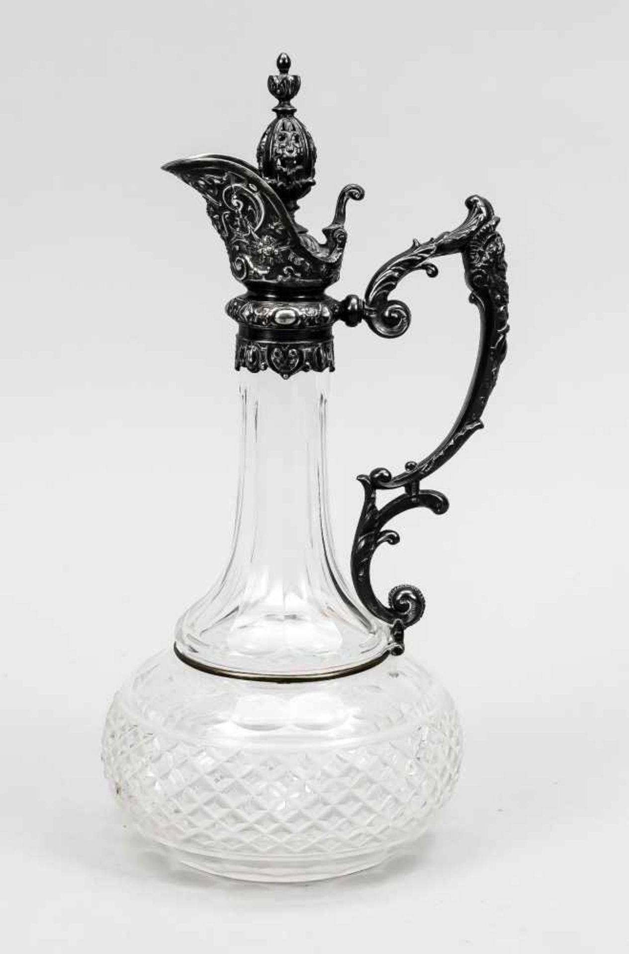 Carafe with tin assembly, around 1900, hinged lid, neck and handle mounting, with floral